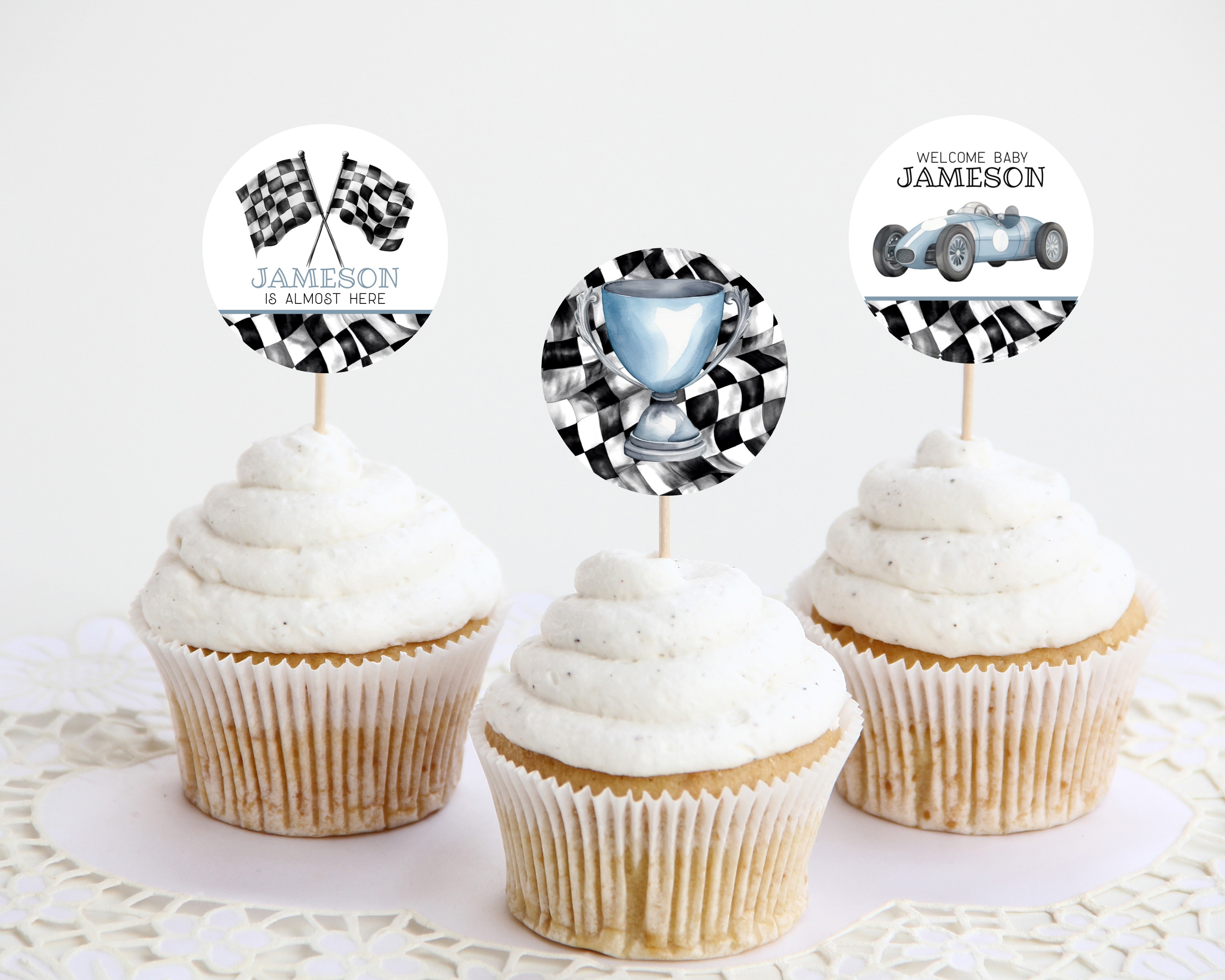 blue race car - baby shower cupcake toppers design preview