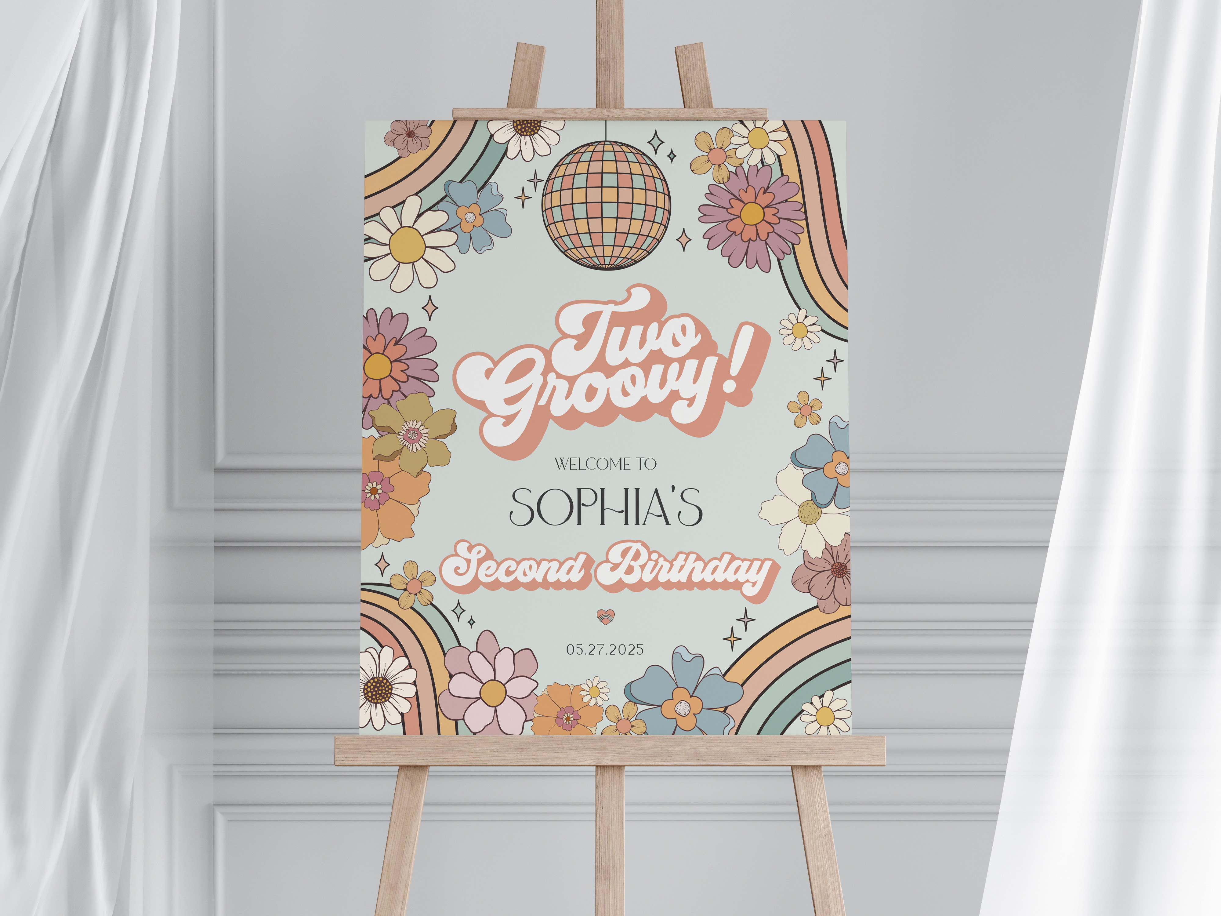 groovy floral - second birthday welcome sign design preview