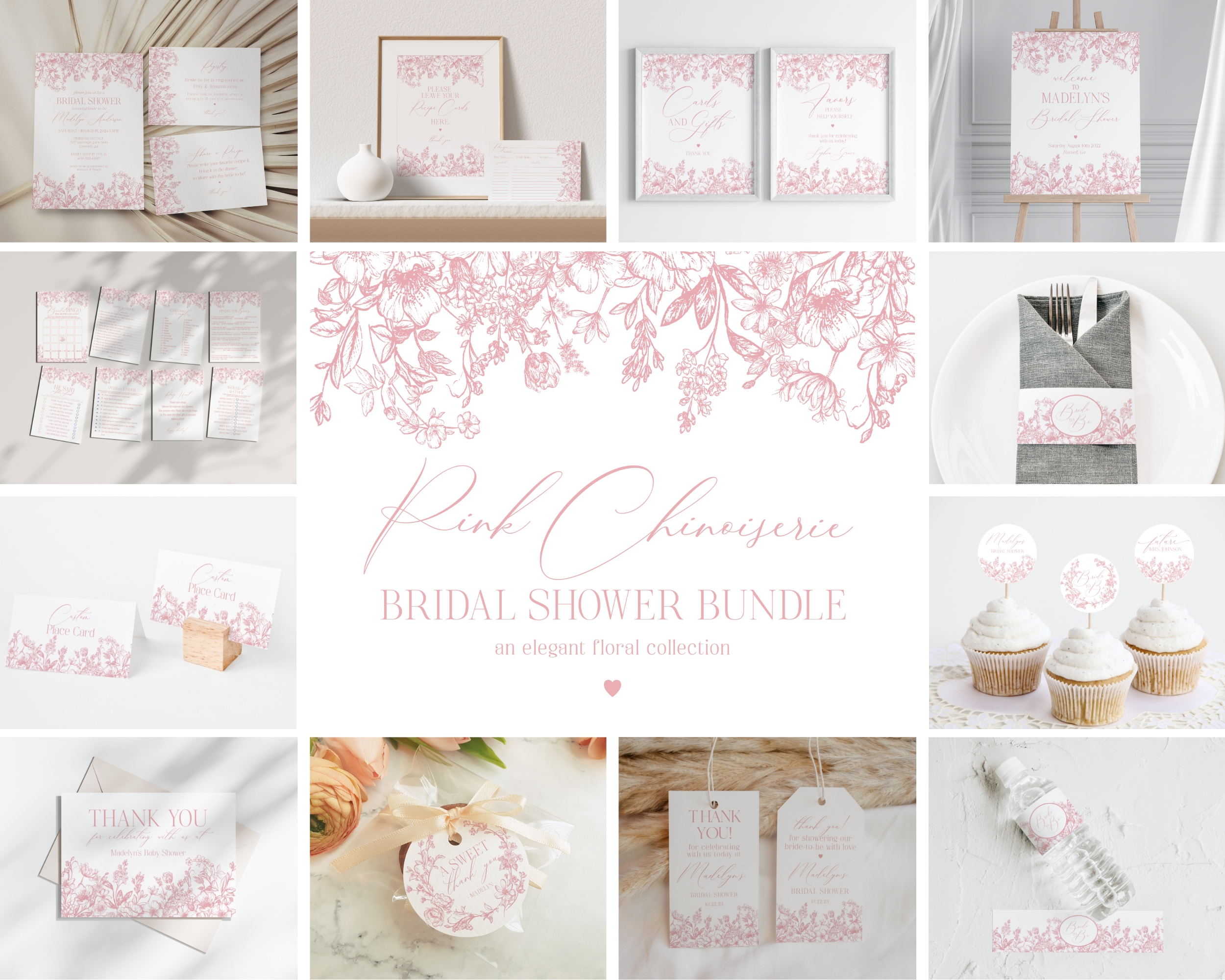 pink chinoiserie - bridal shower bundle design preview