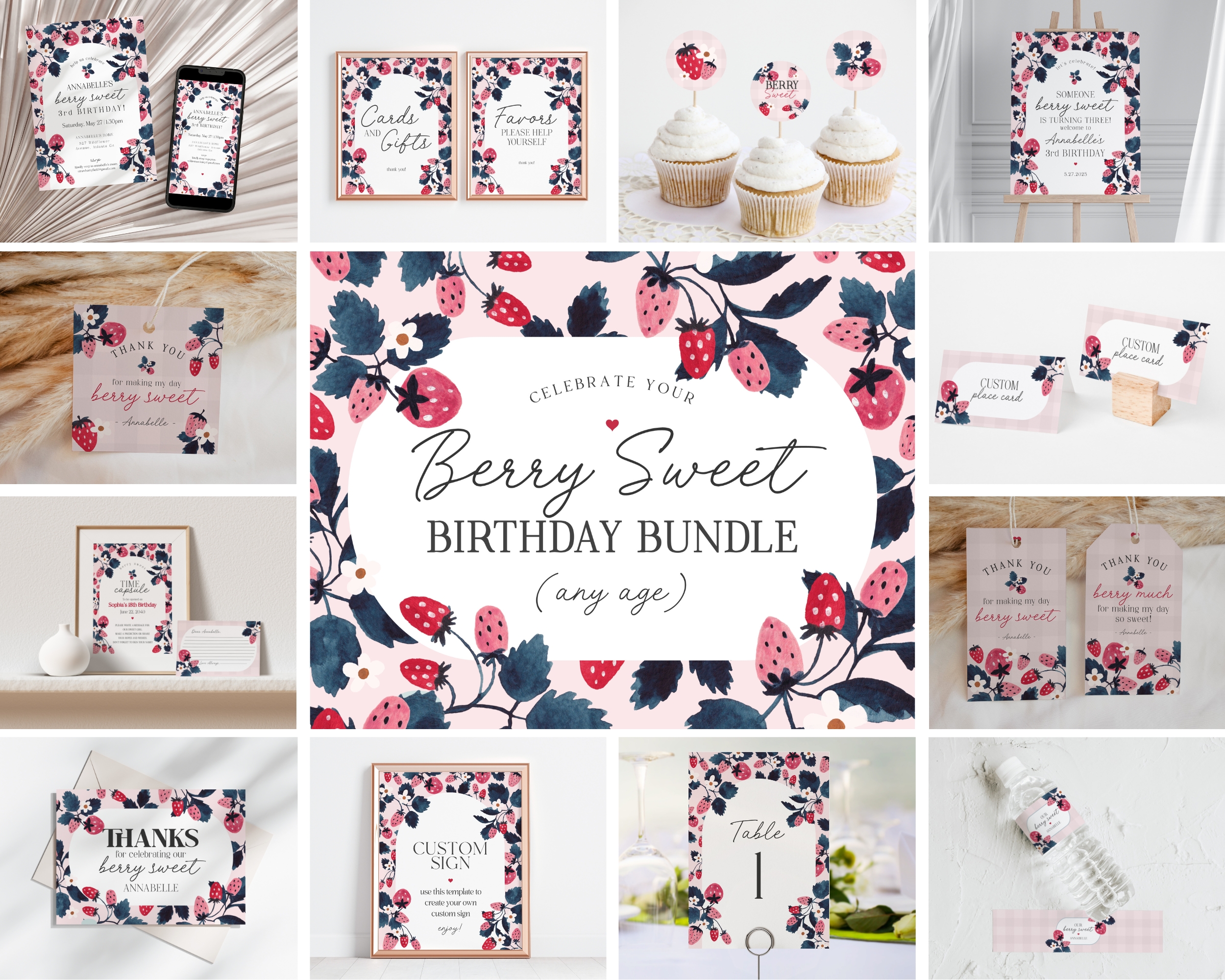 pink strawberry - birthday bundle design preview