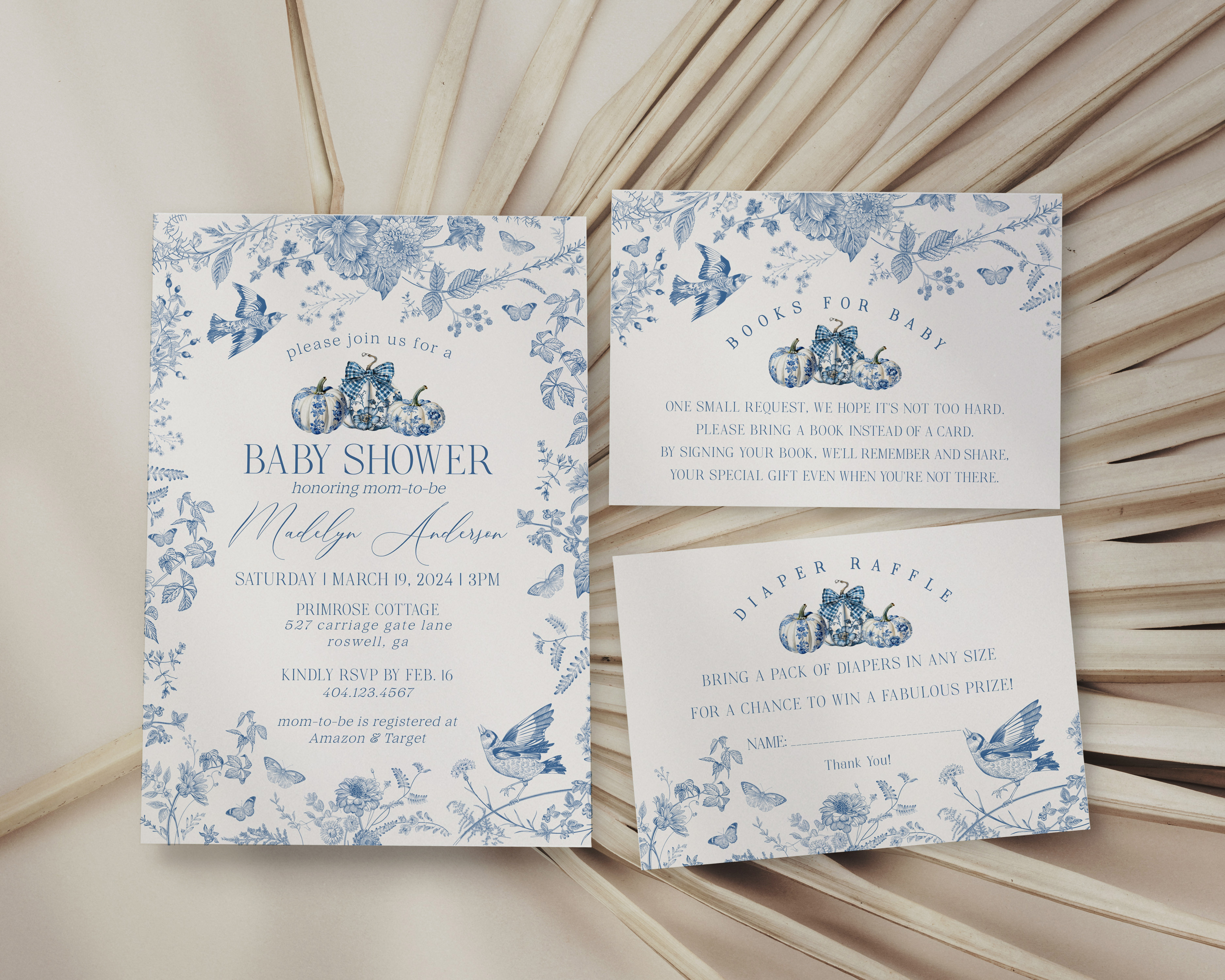 blue toile pumpkin - baby shower invite design preview