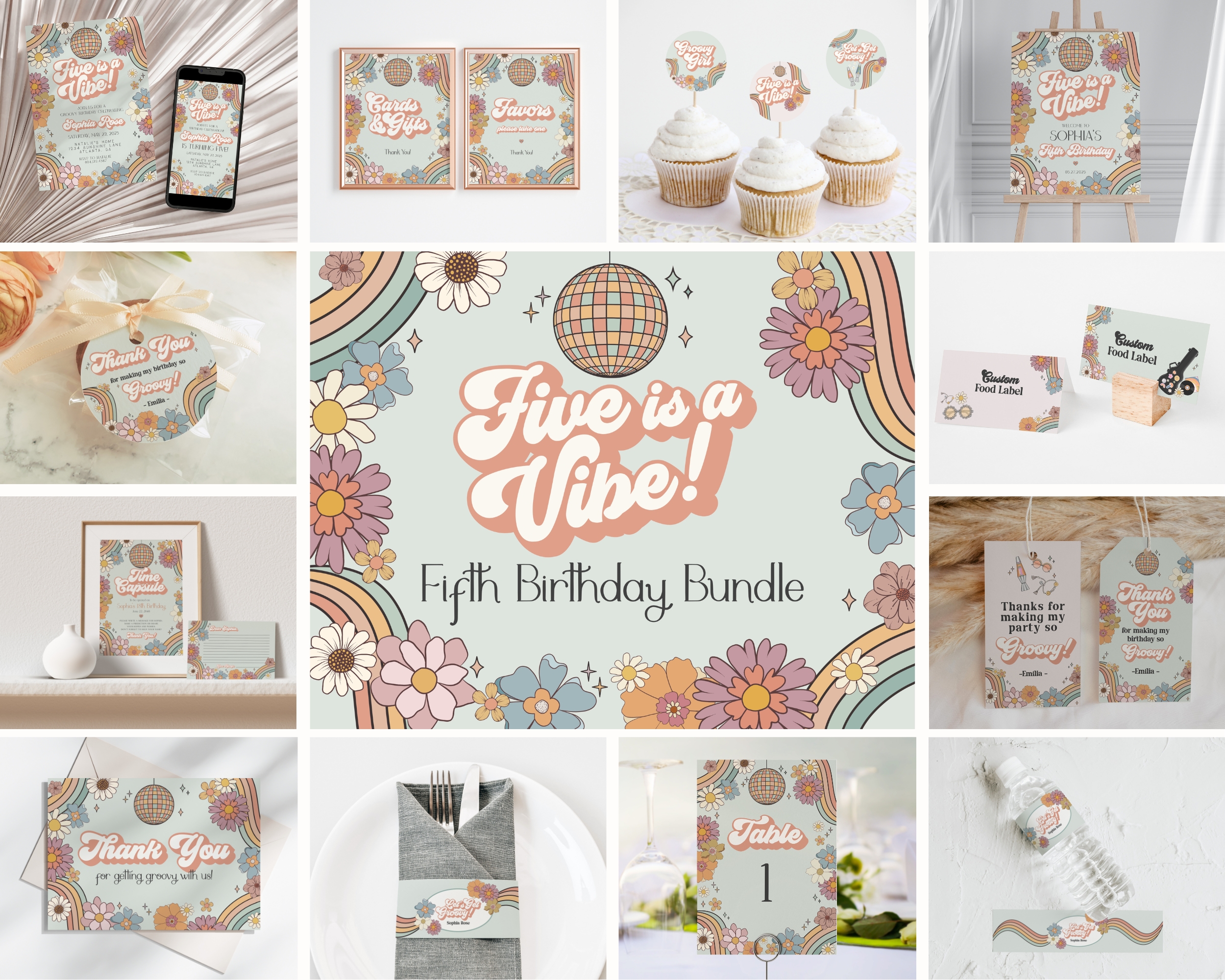 groovy floral - fifth birthday bundle design preview