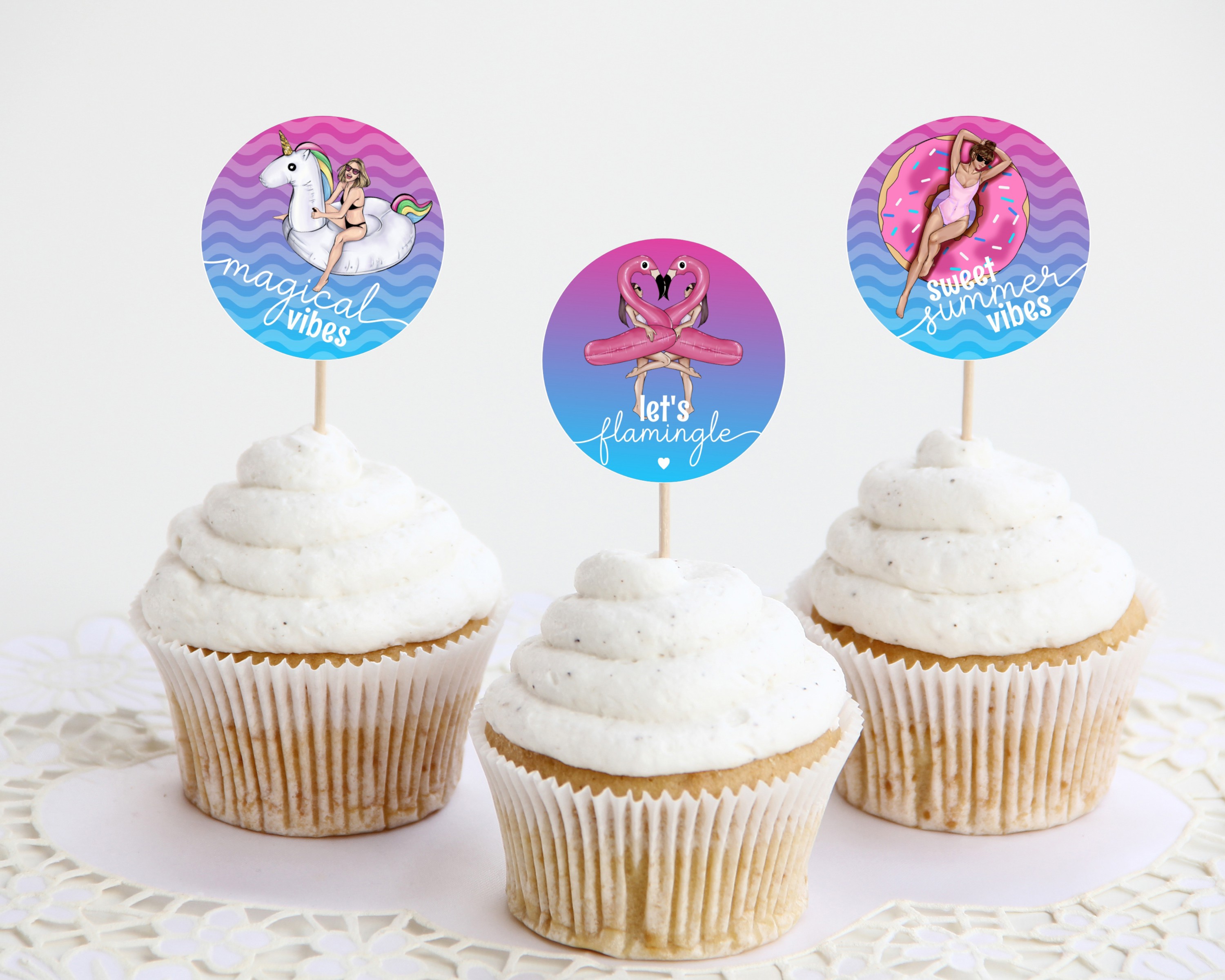 ombre pool party cupcake toppers design preview