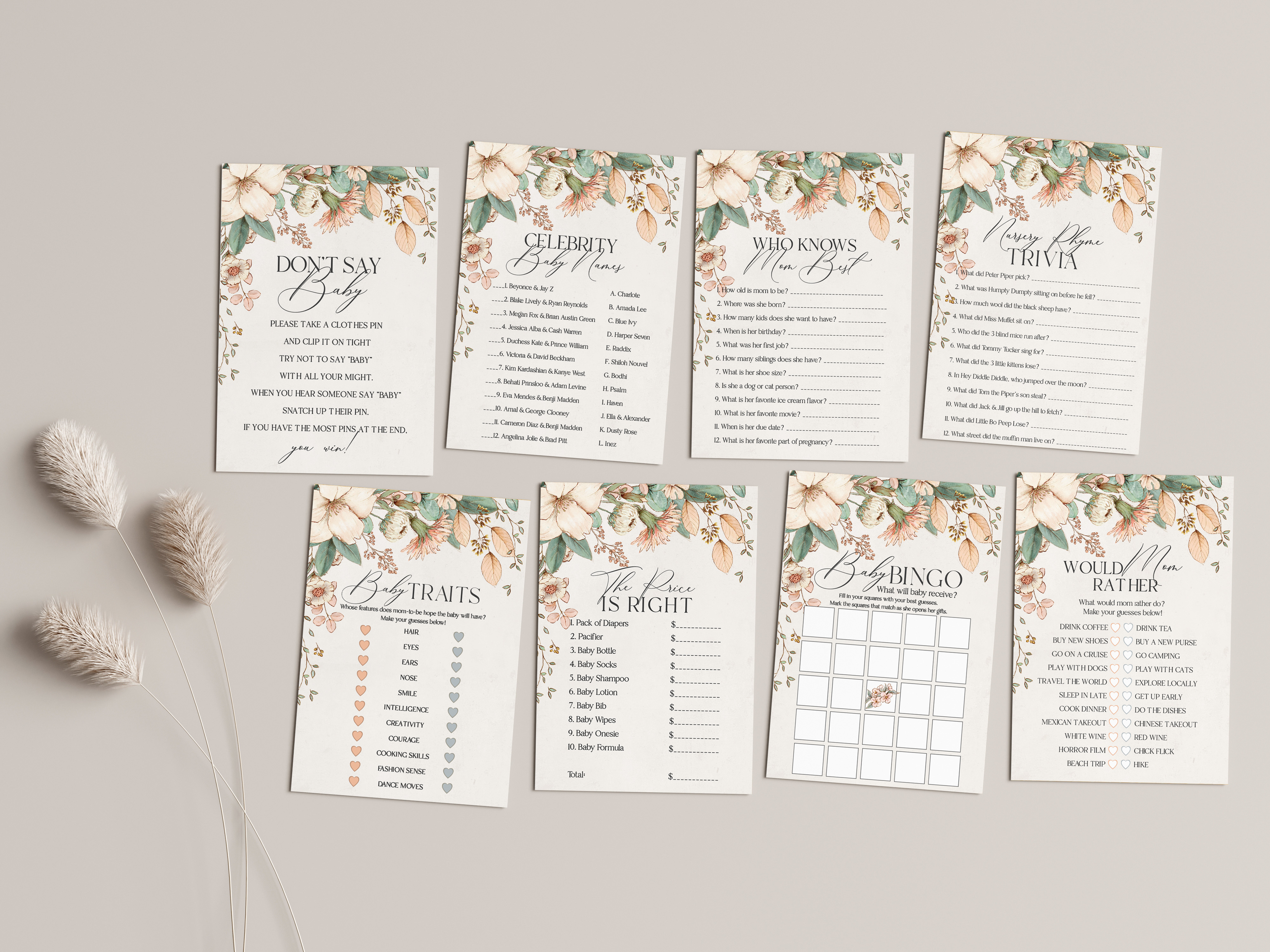 blush floral - baby shower games design preview
