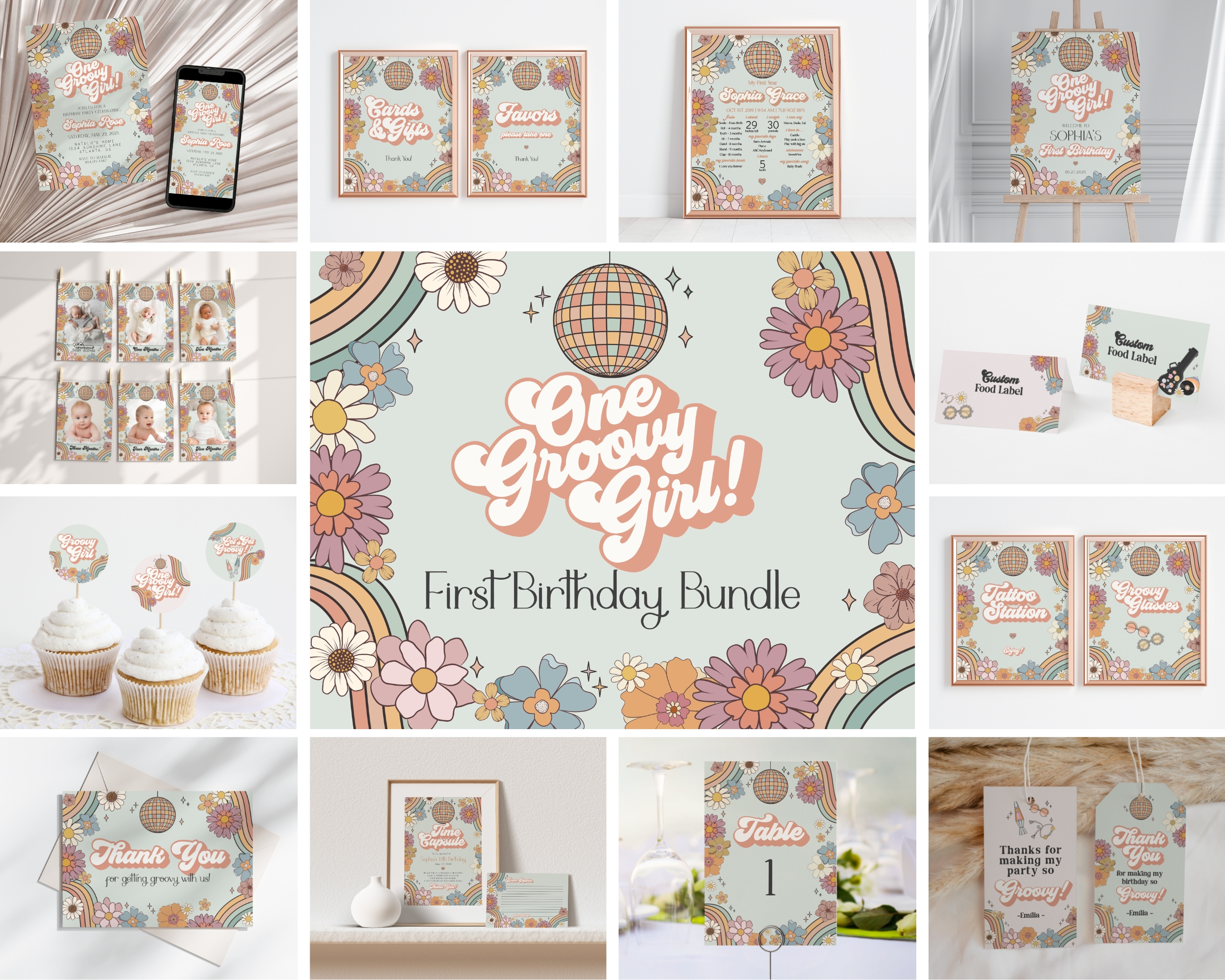 groovy floral - first birthday bundle design preview