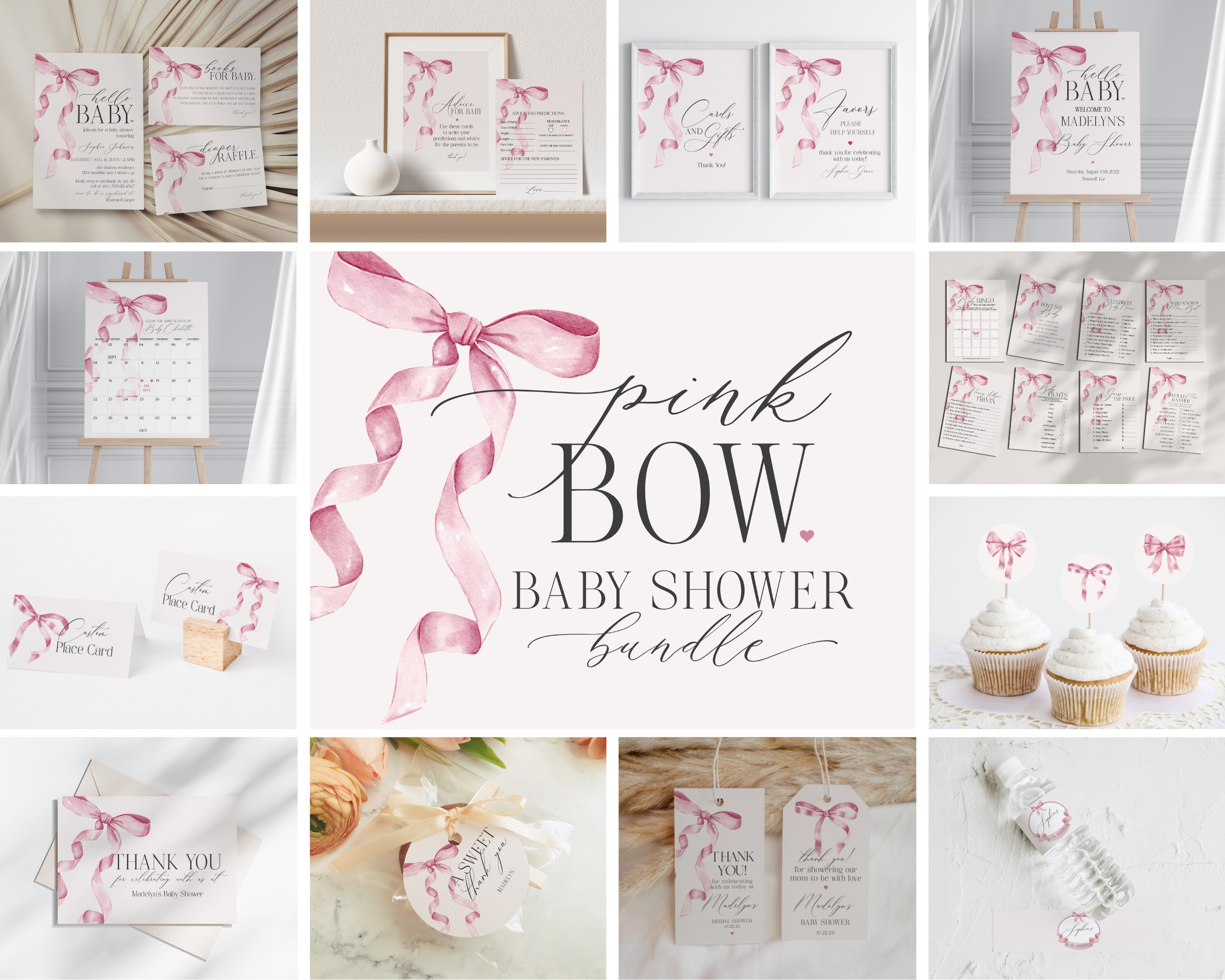 pink bow - baby shower bundle design preview