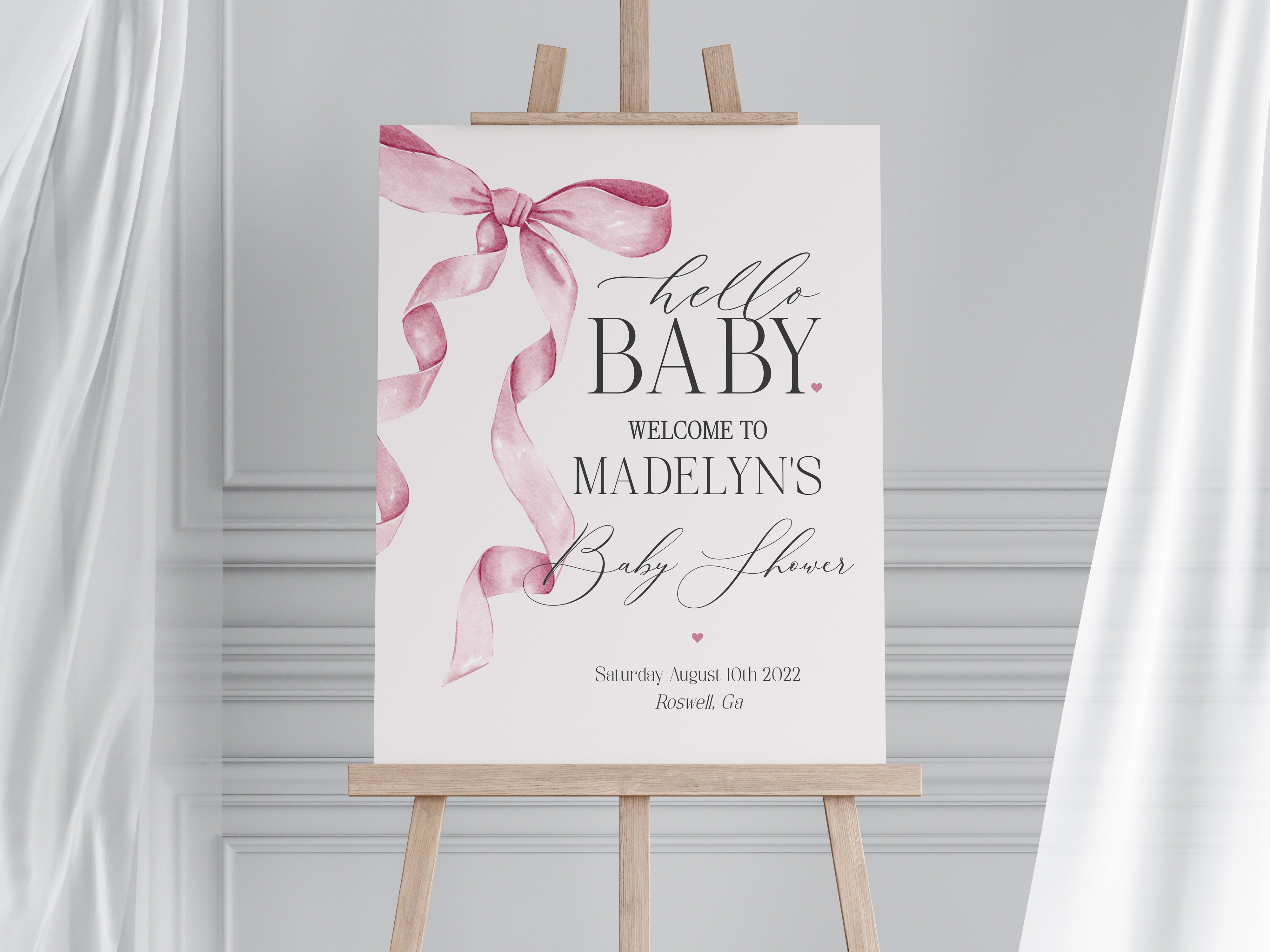 pink bow - baby shower welcome sign design preview
