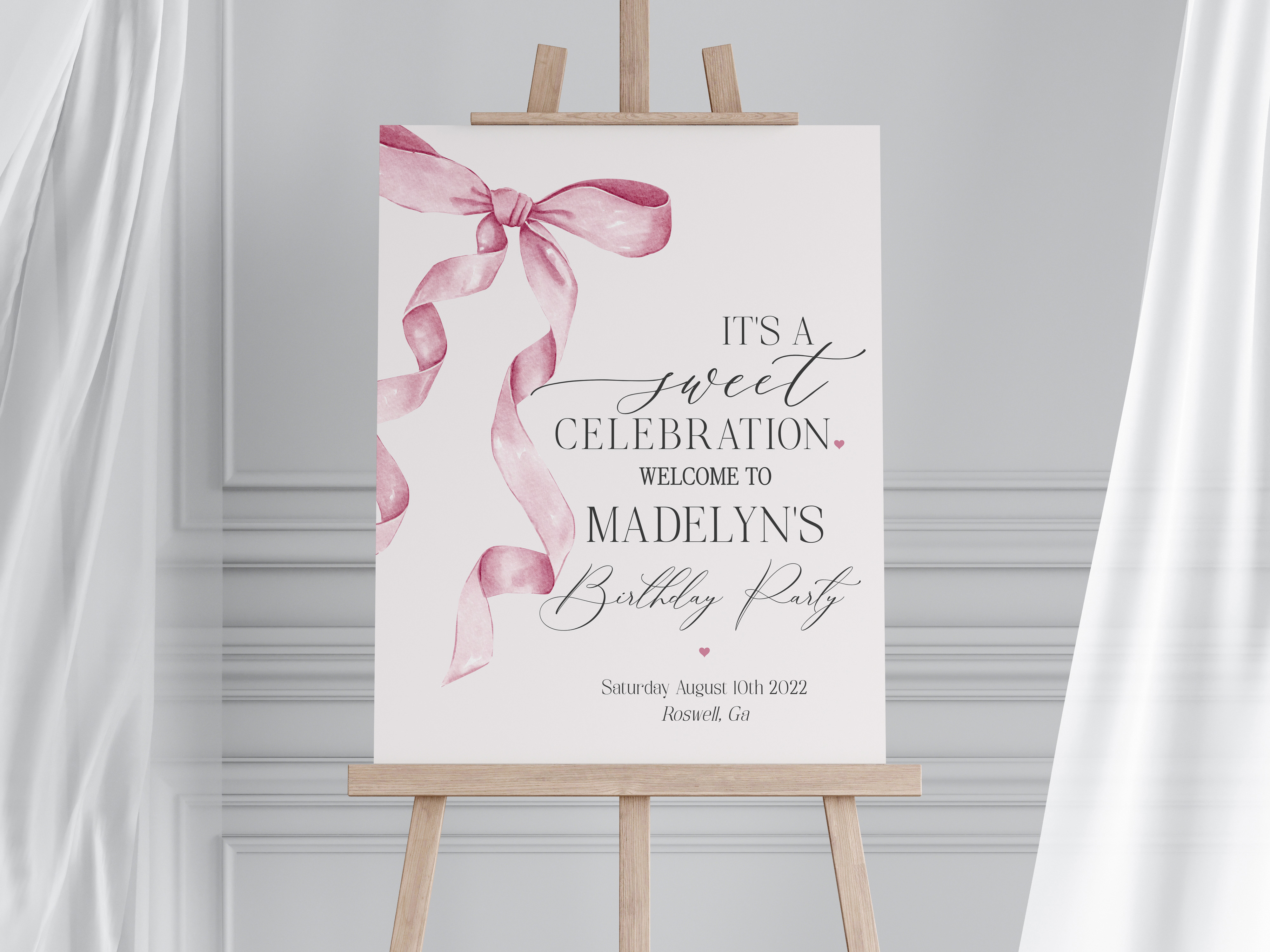pink bow - birthday welcome sign design preview