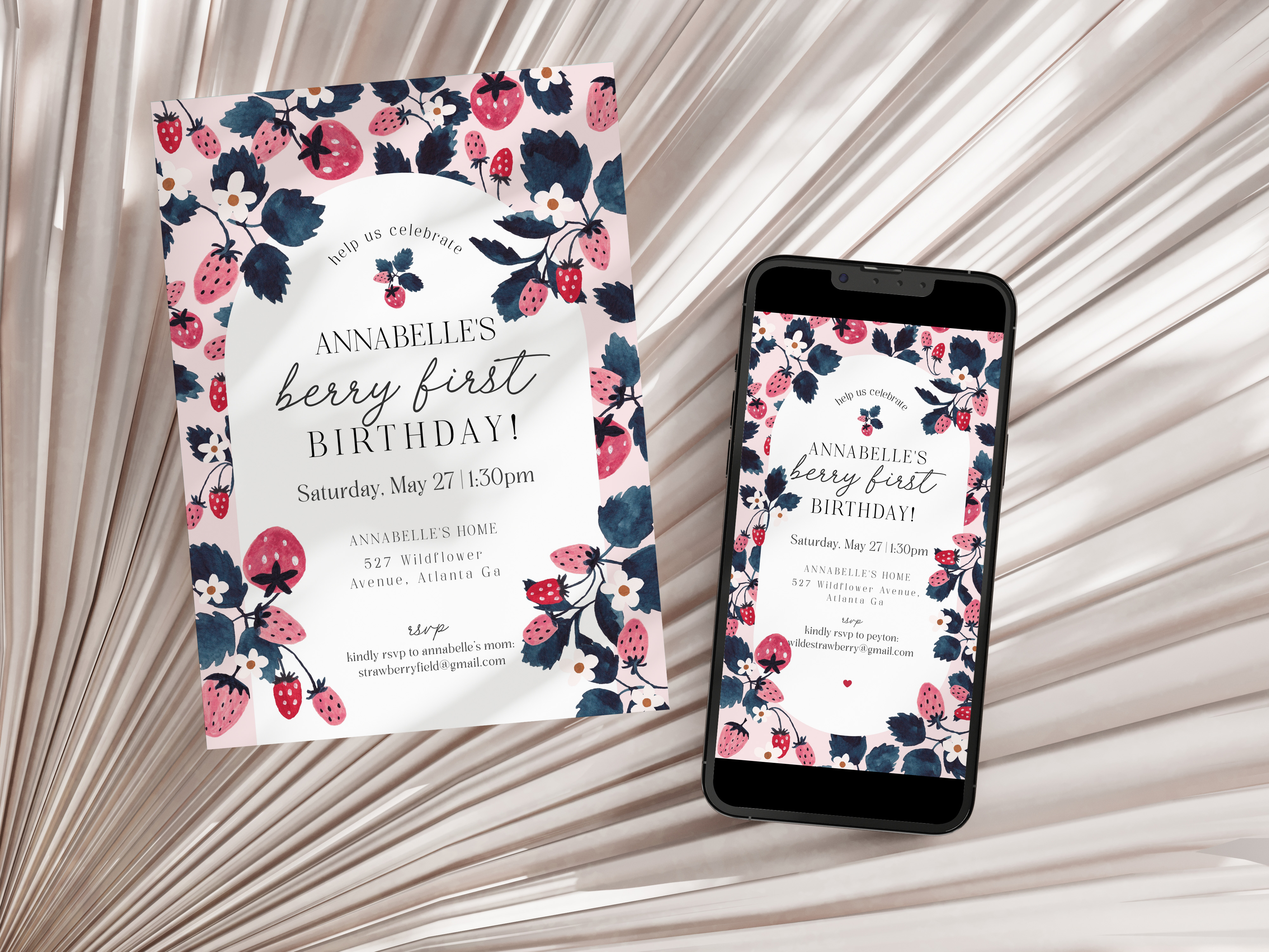 pink strawberry - first birthday invite design preview
