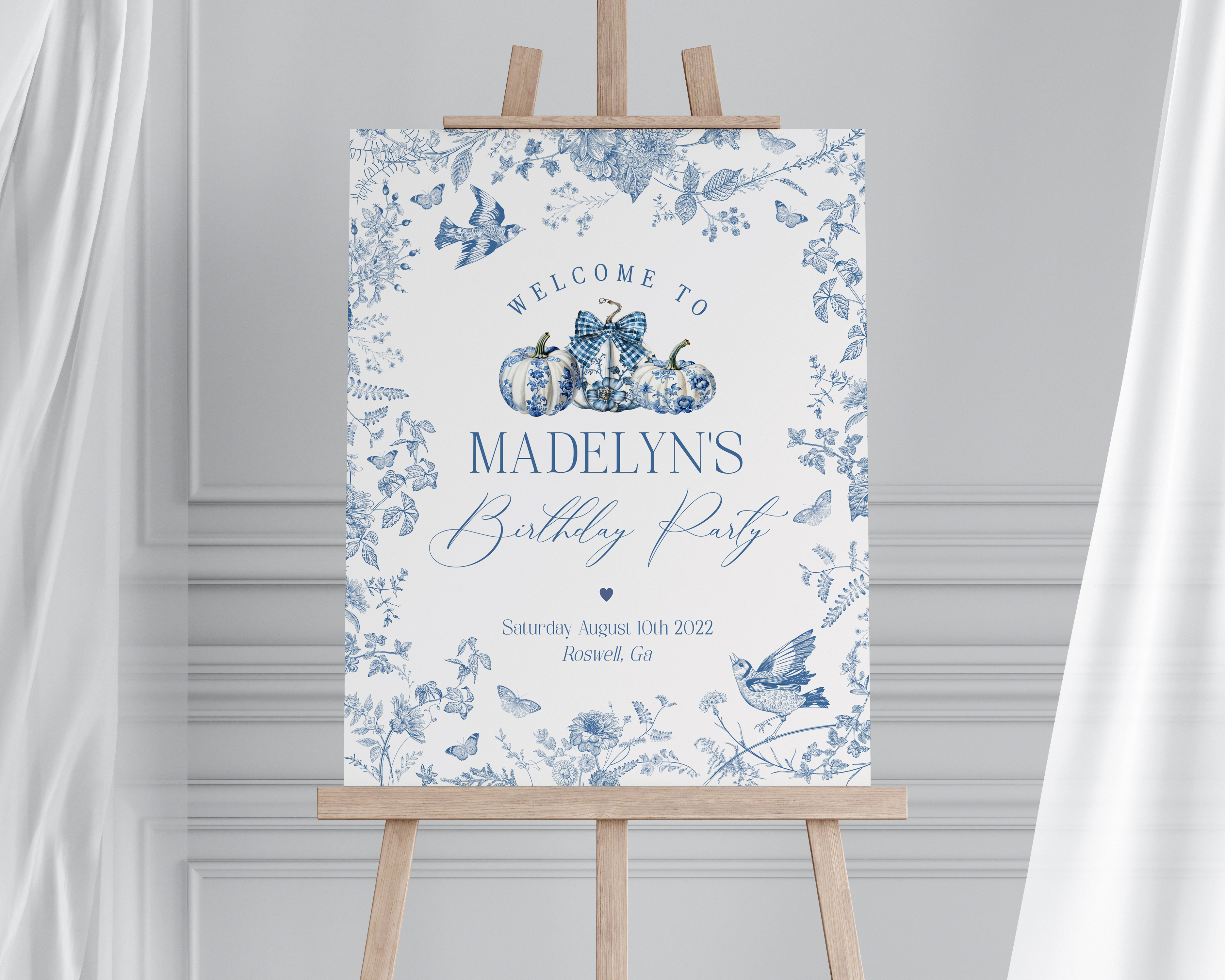 blue toile pumpkin - birthday welcome sign design preview