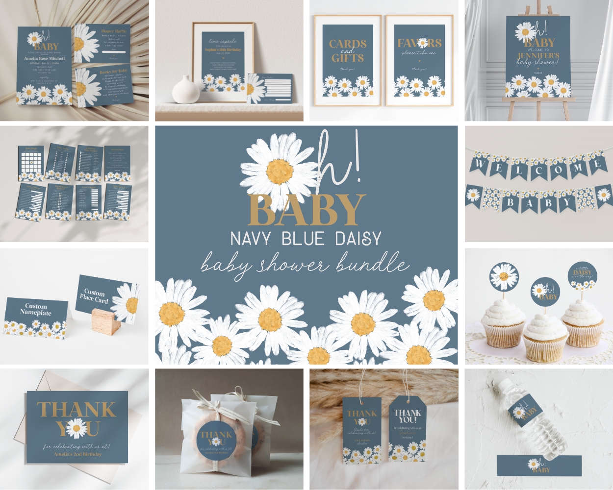 navy daisy - baby shower bundle design preview