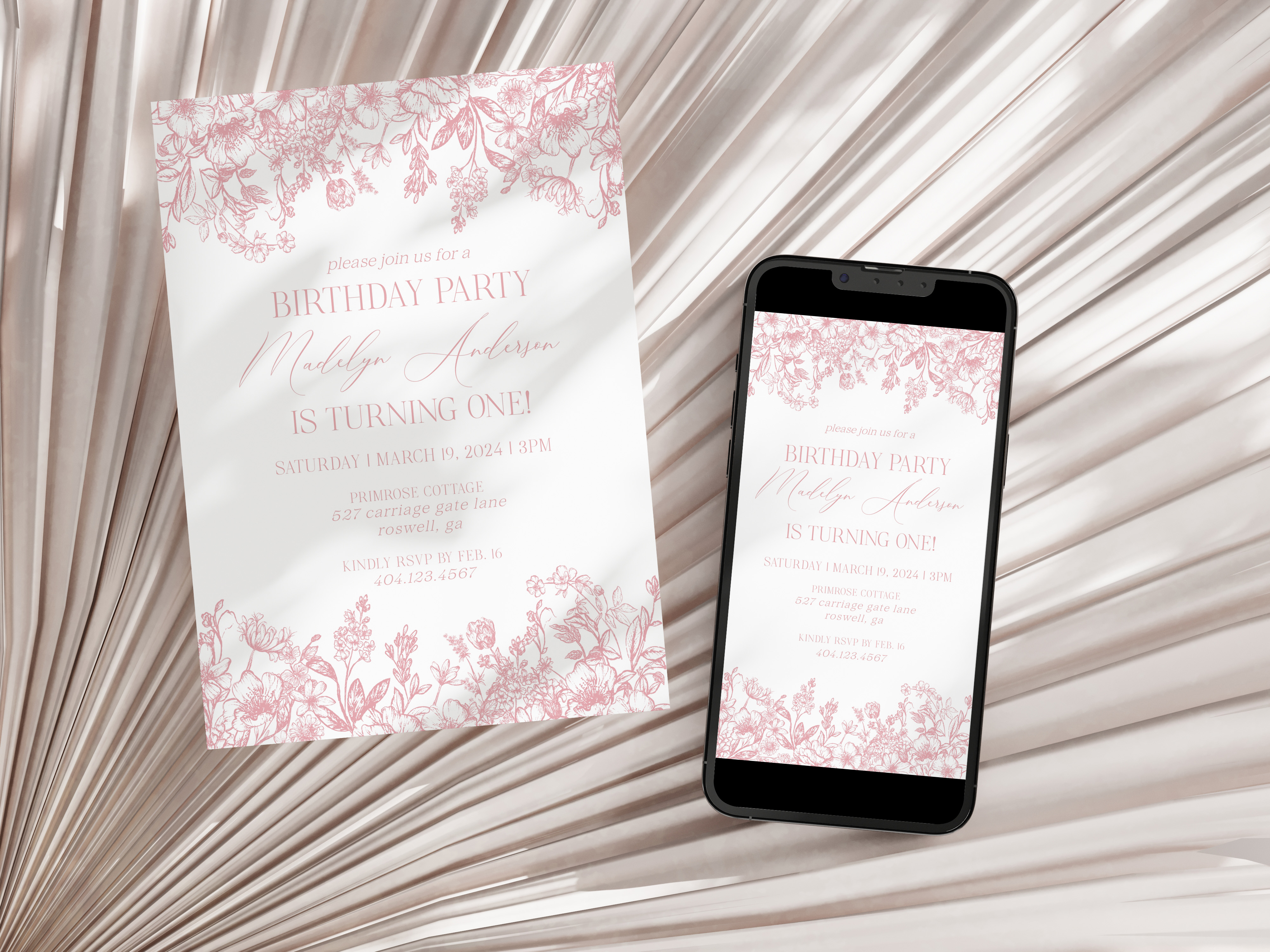 pink chinoiserie - birthday invite design preview