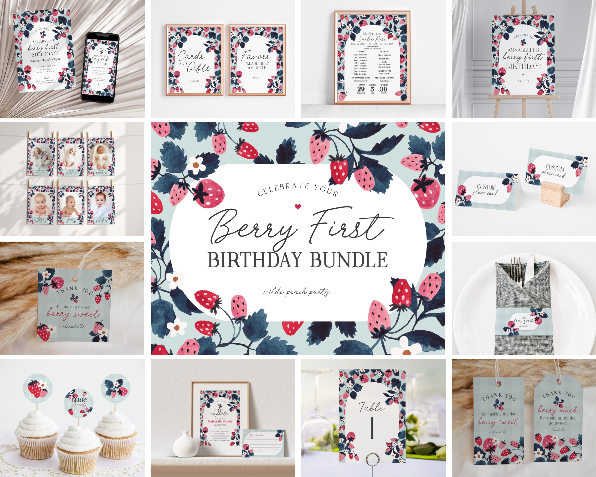mint strawberry - first birthday bundle design preview