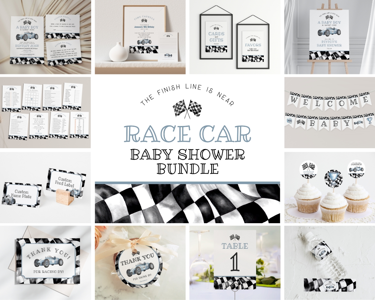 blue race car - baby shower bundle design preview