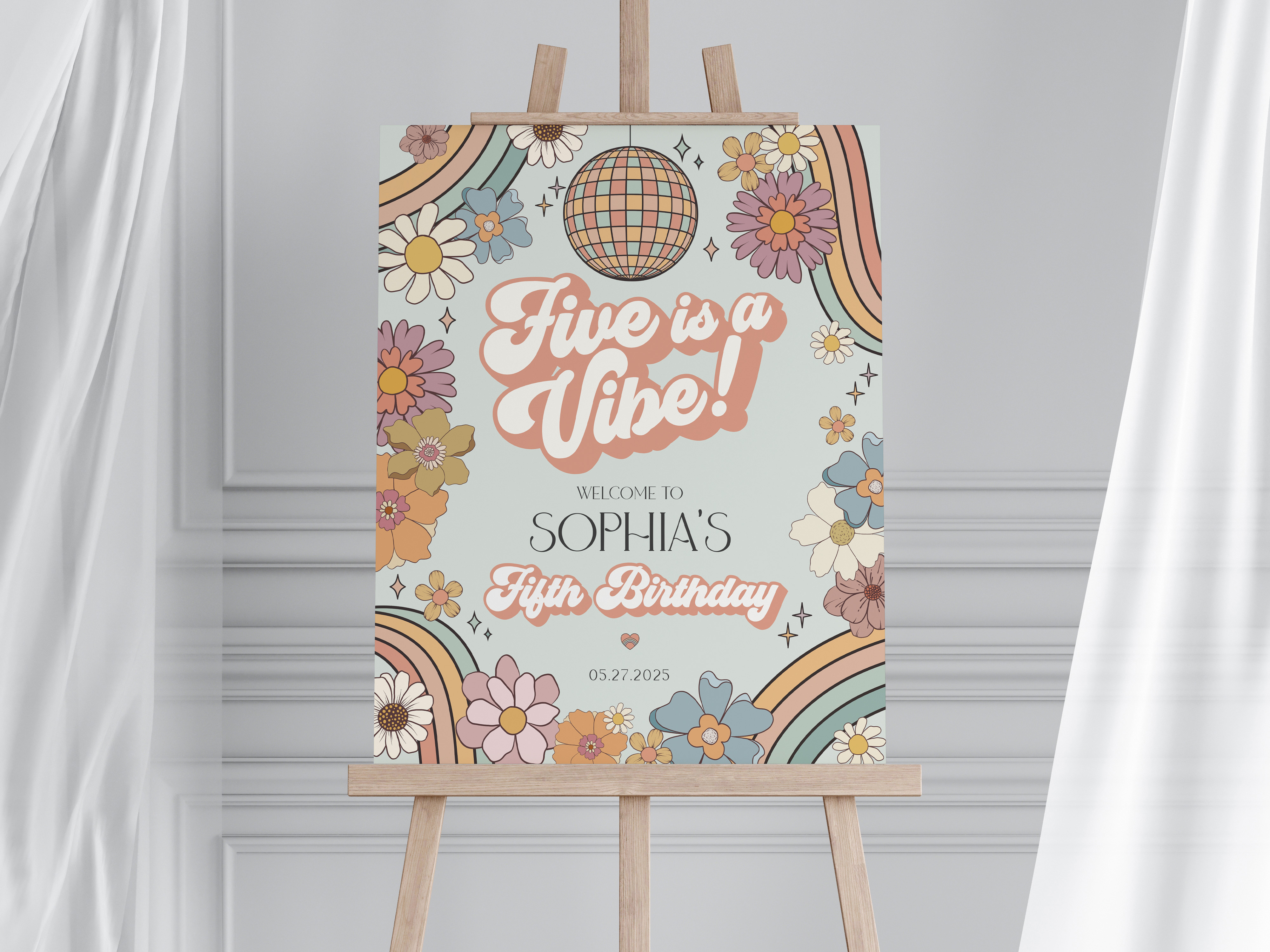 groovy floral - fifth birthday welcome sign design preview