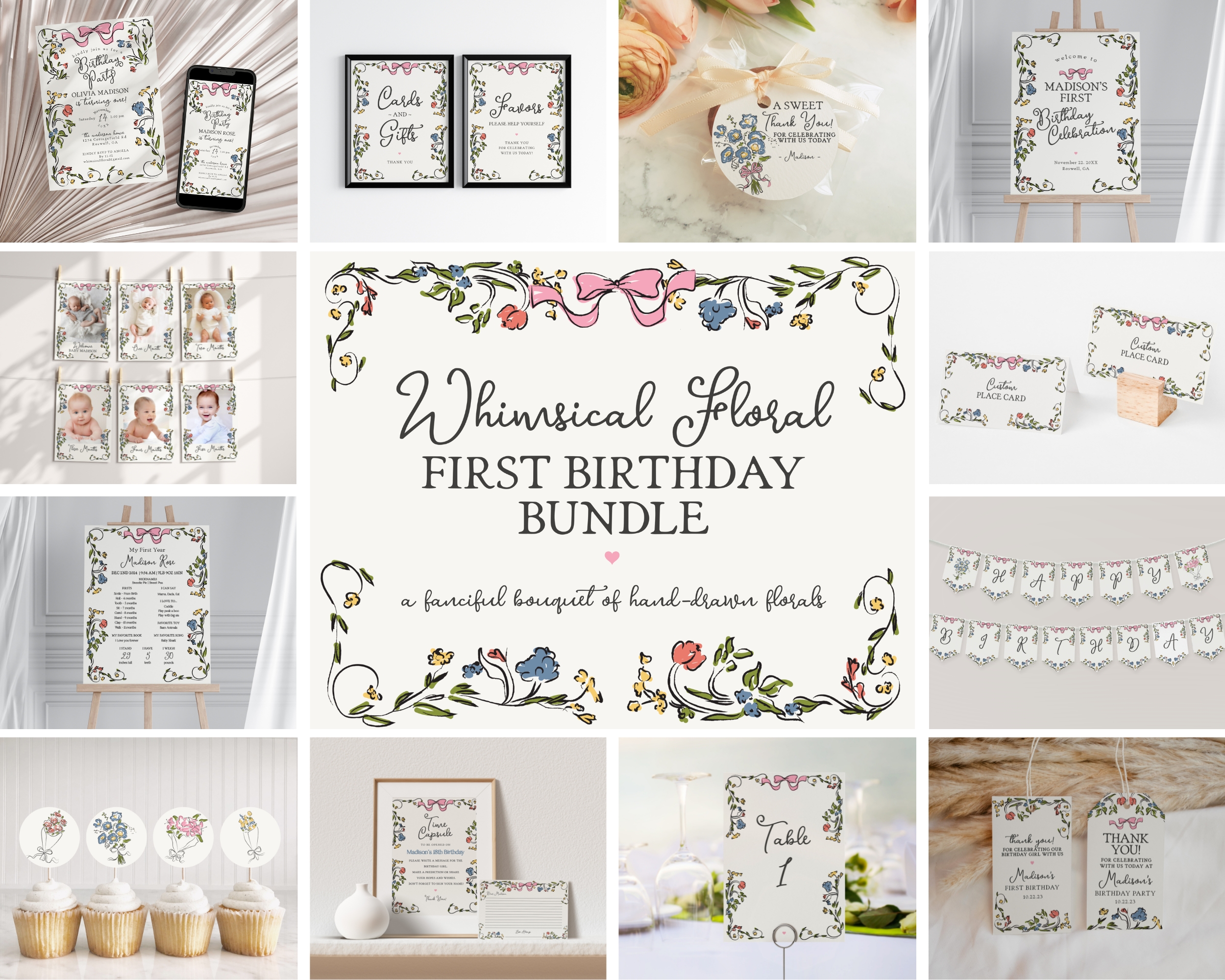 whimsical floral - first birthday bundle design preview