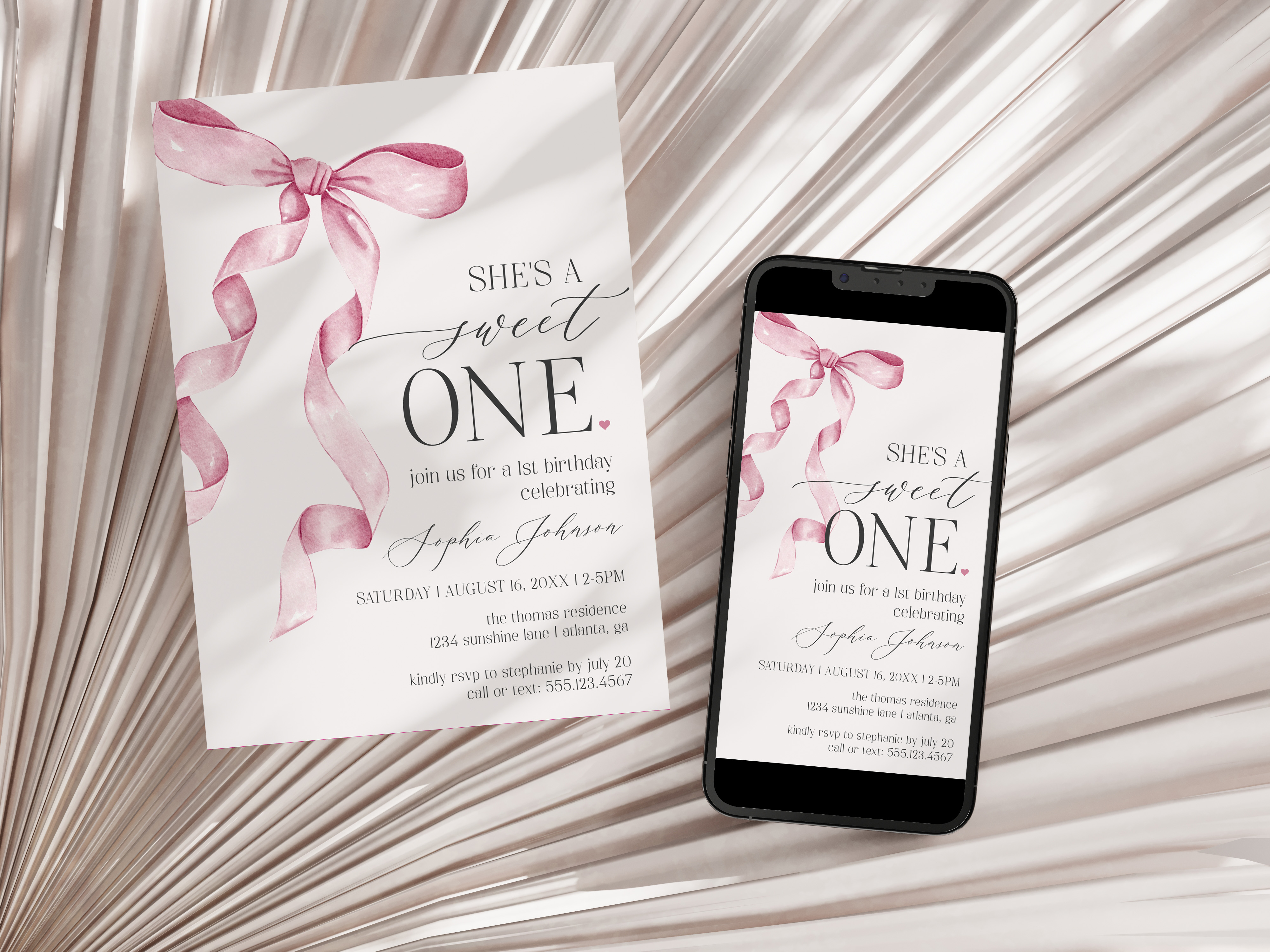 pink bow - first birthday invite design preview