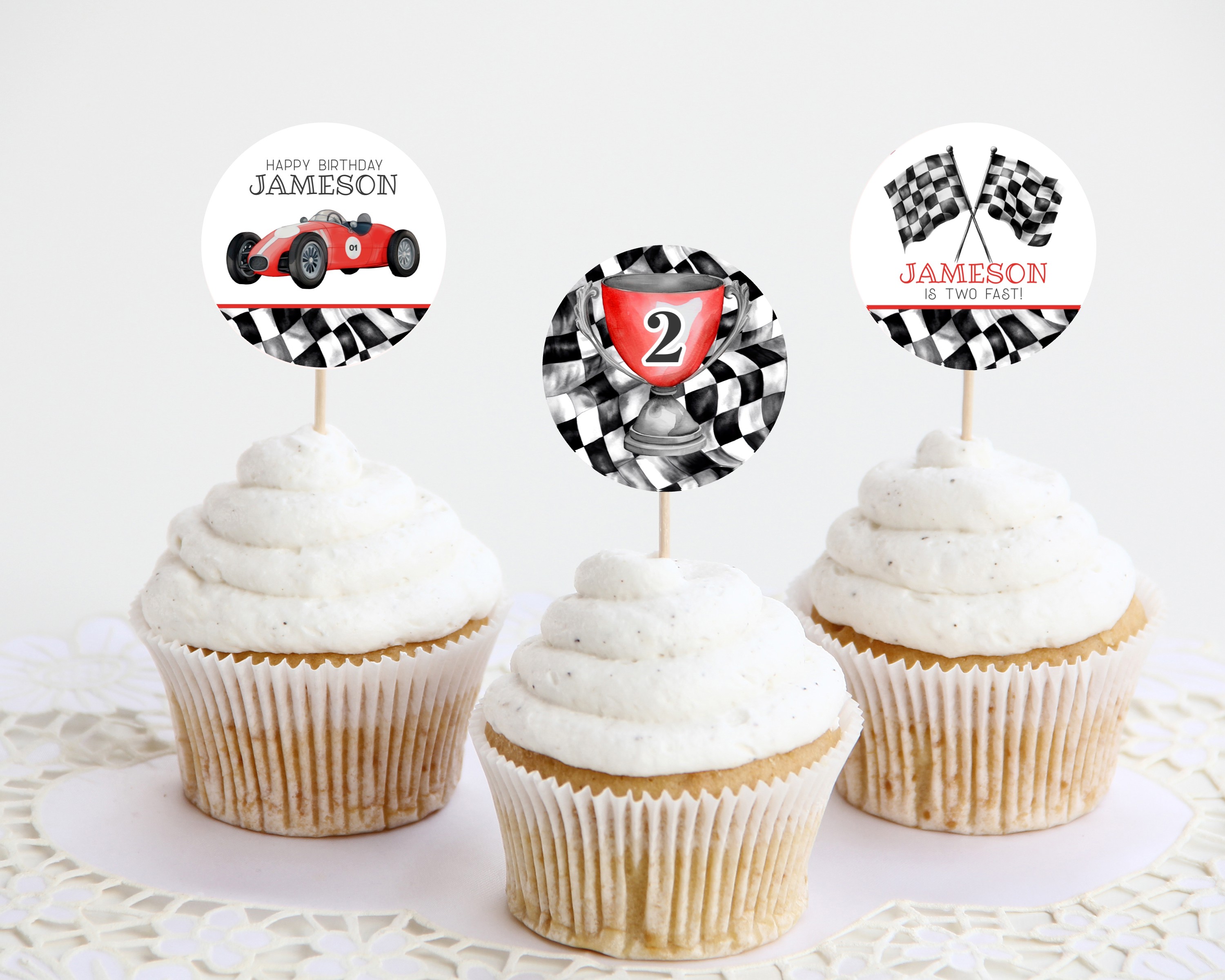 red race car - second birthday cupcake toppers design preview