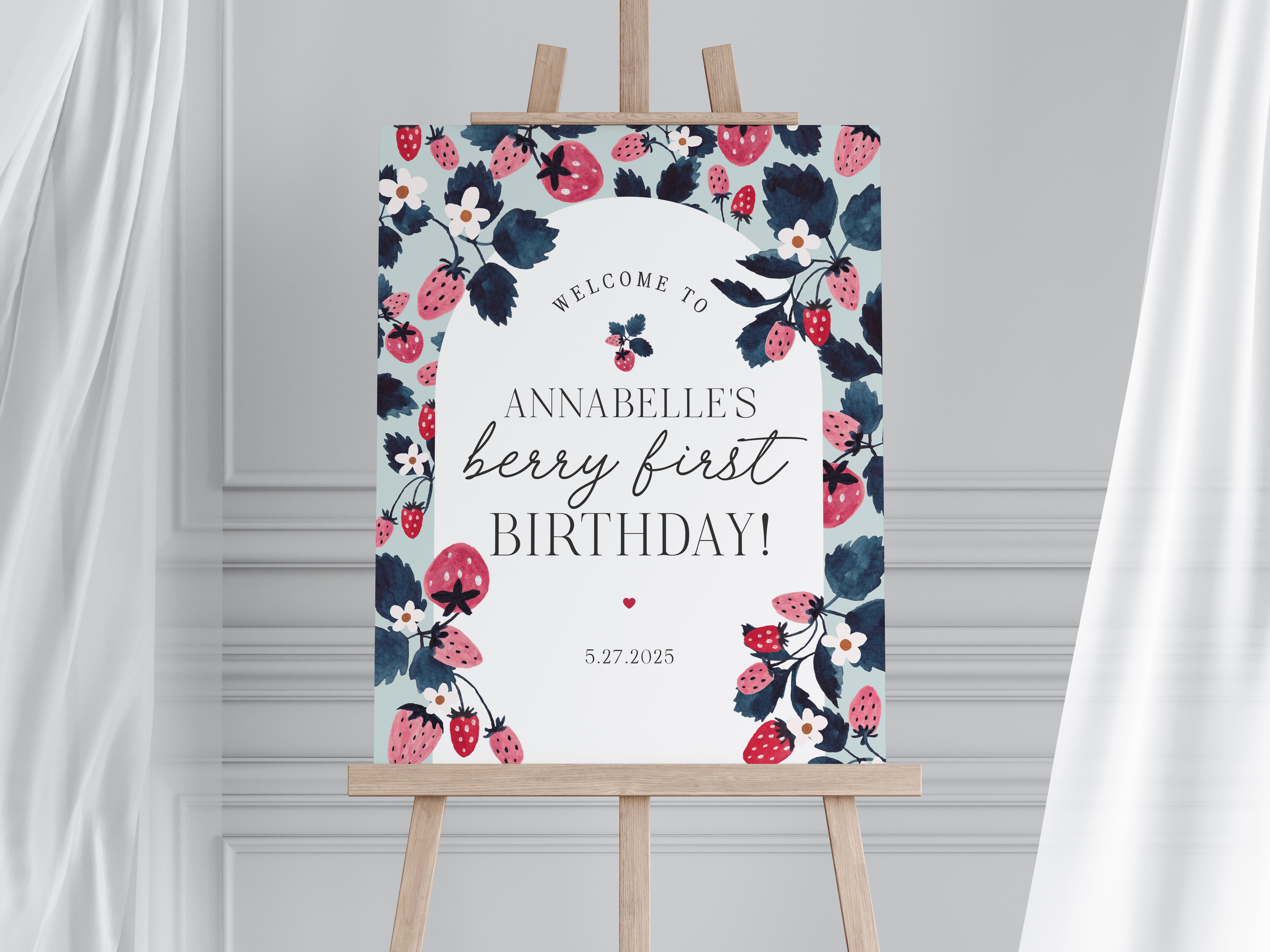 mint strawberry - first birthday welcome sign design preview