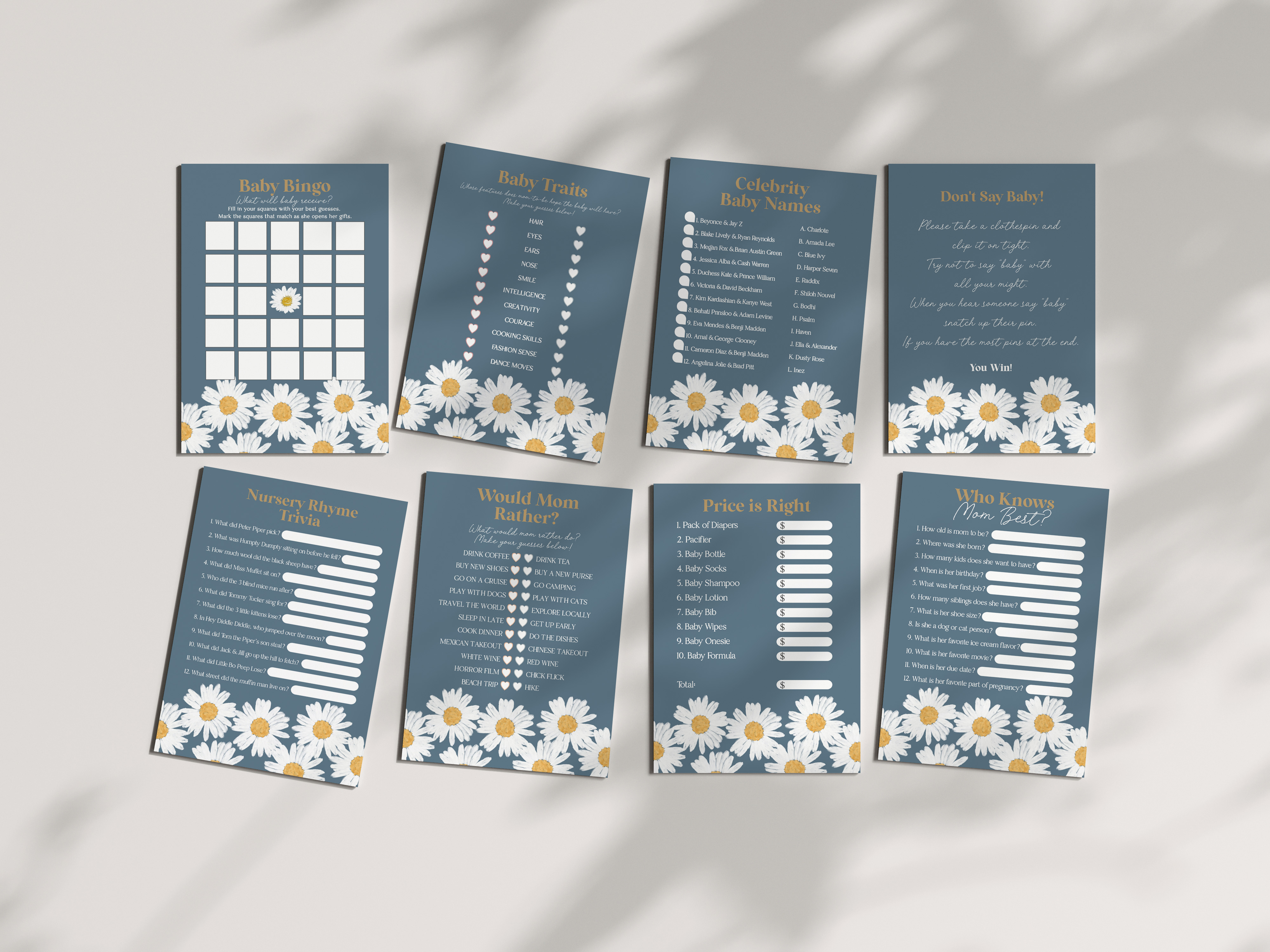 navy daisy - baby shower games bundle design preview