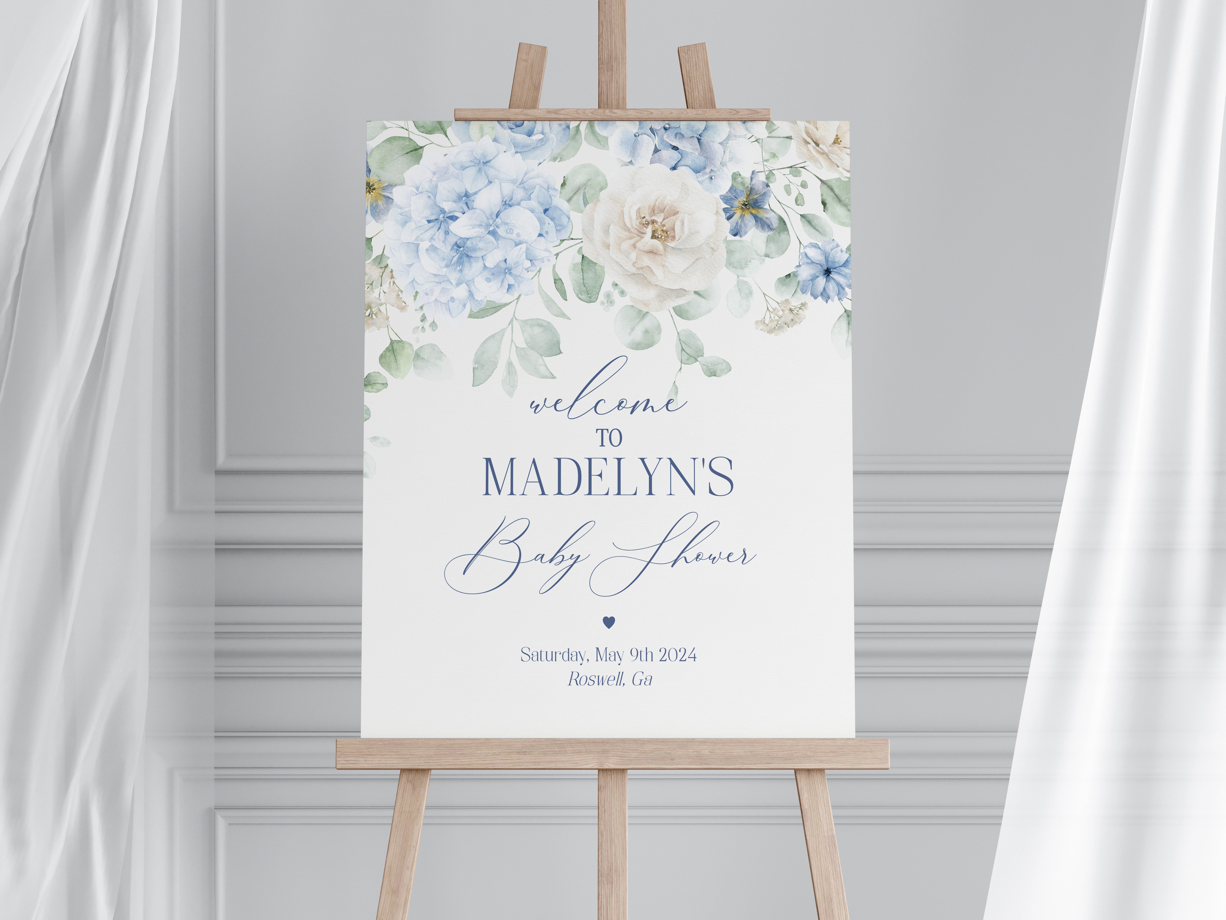 blue floral - baby shower welcome sign design preview