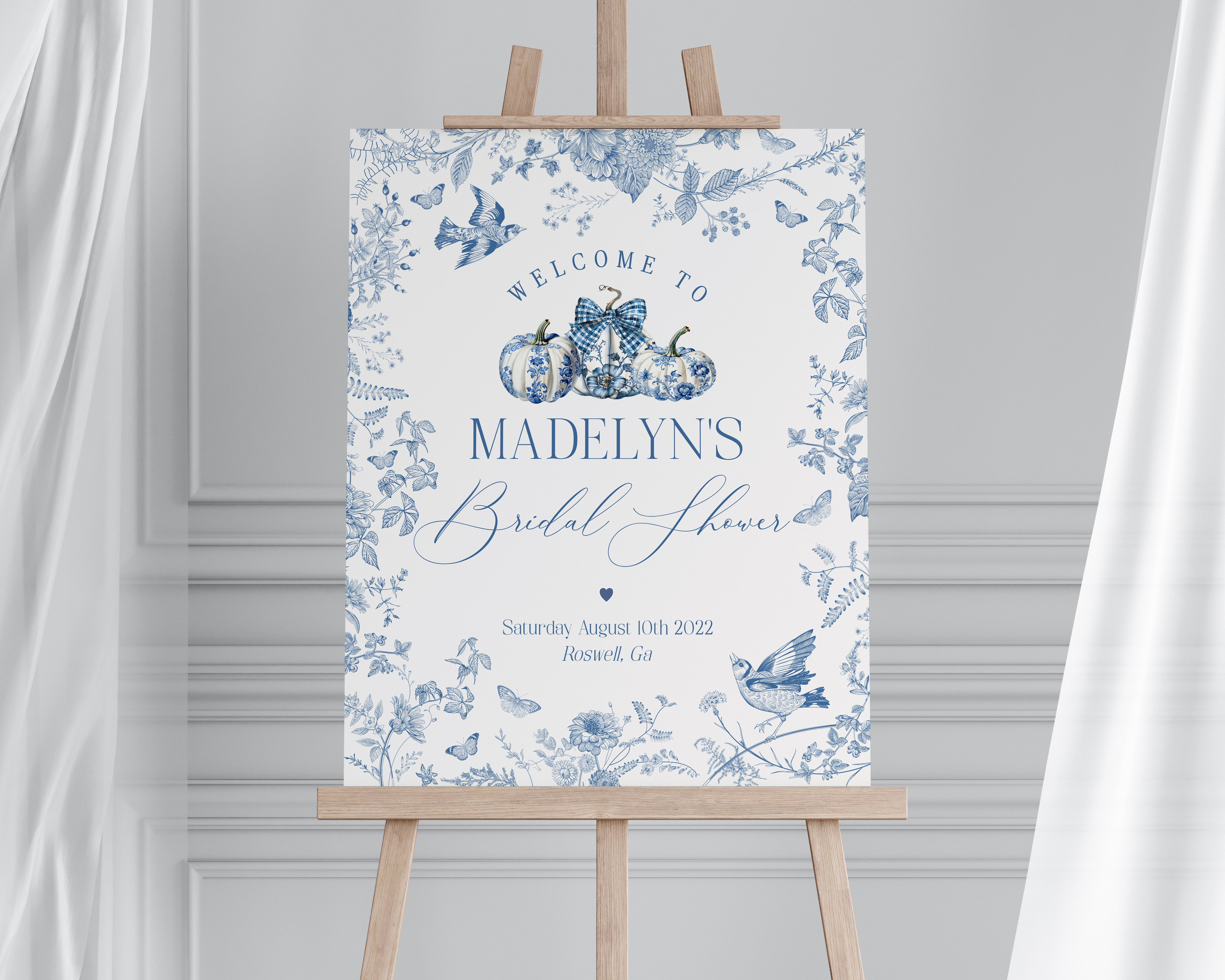 blue toile pumpkin - bridal shower welcome sign design preview