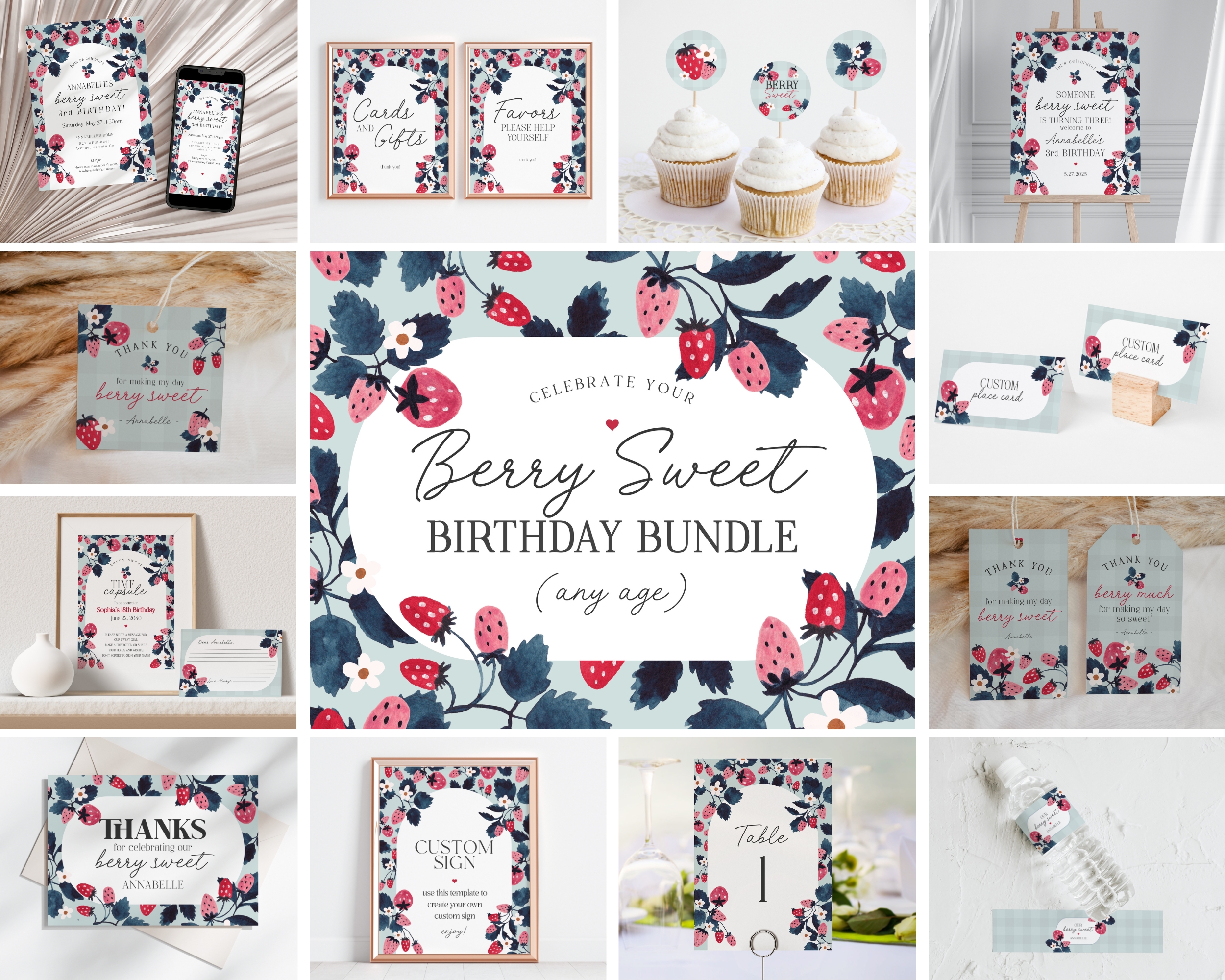 mint strawberry - birthday bundle design preview