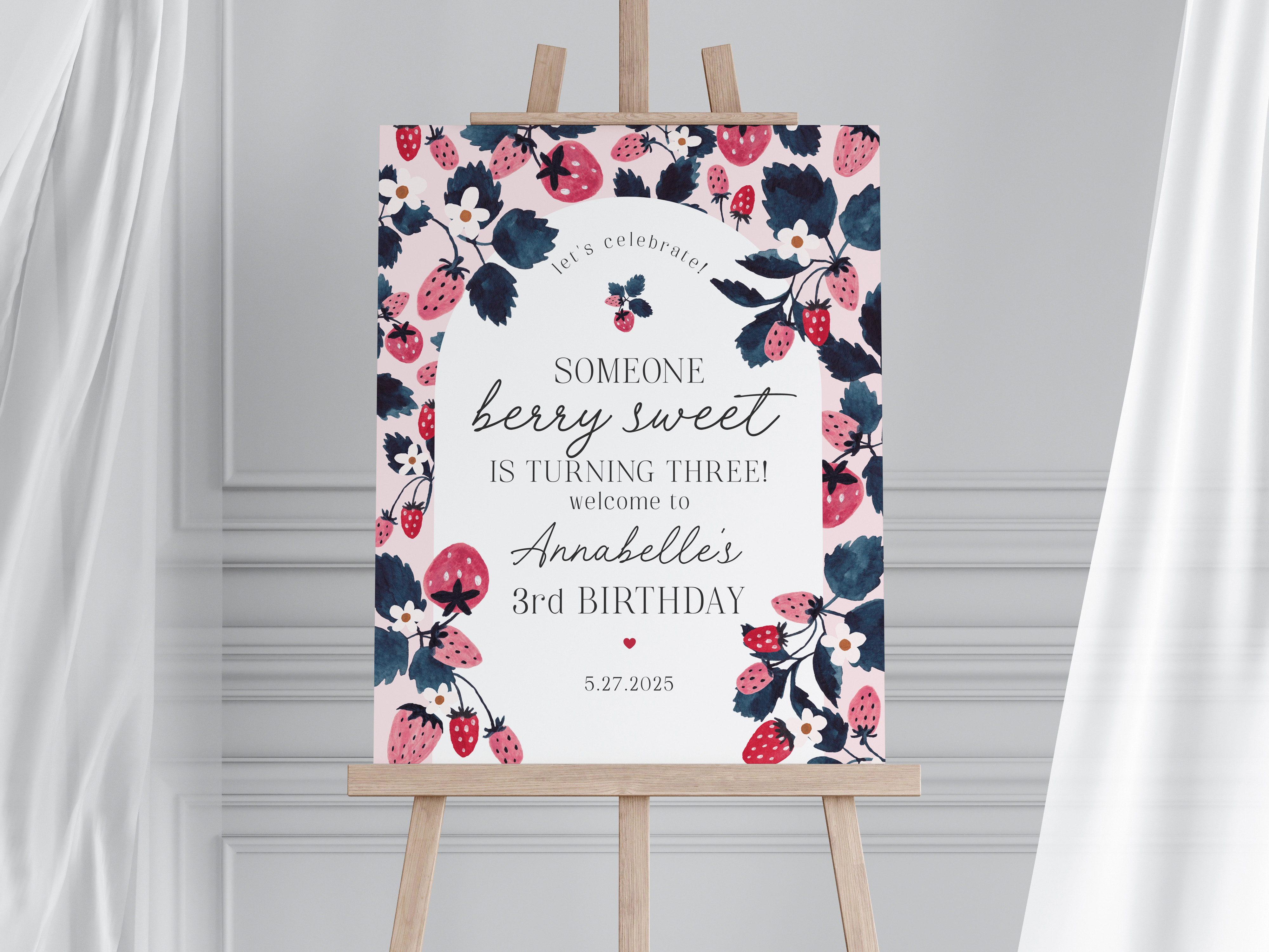 pink strawberry - birthday welcome sign design preview