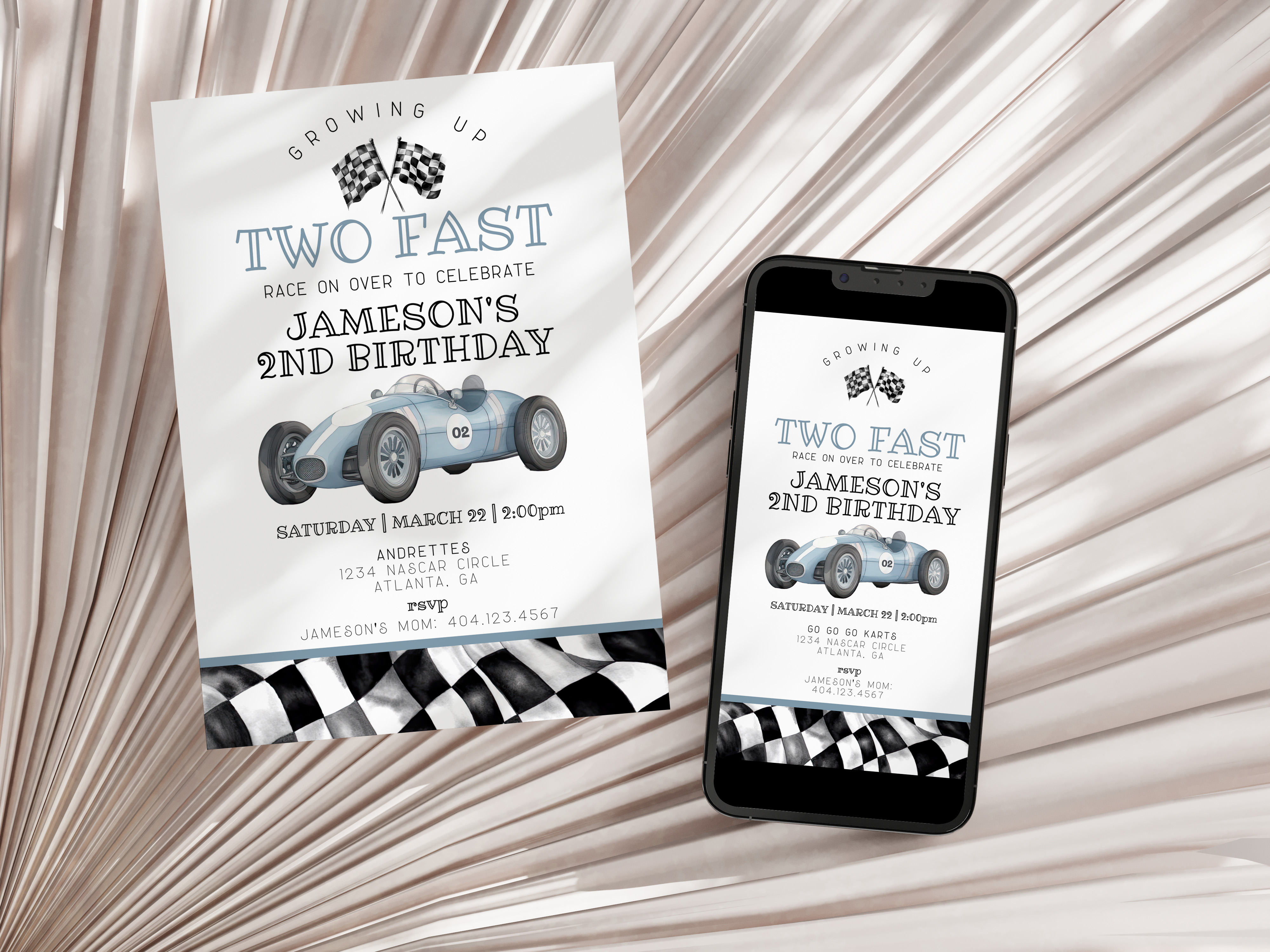 blue race car - second birthday invite design preview