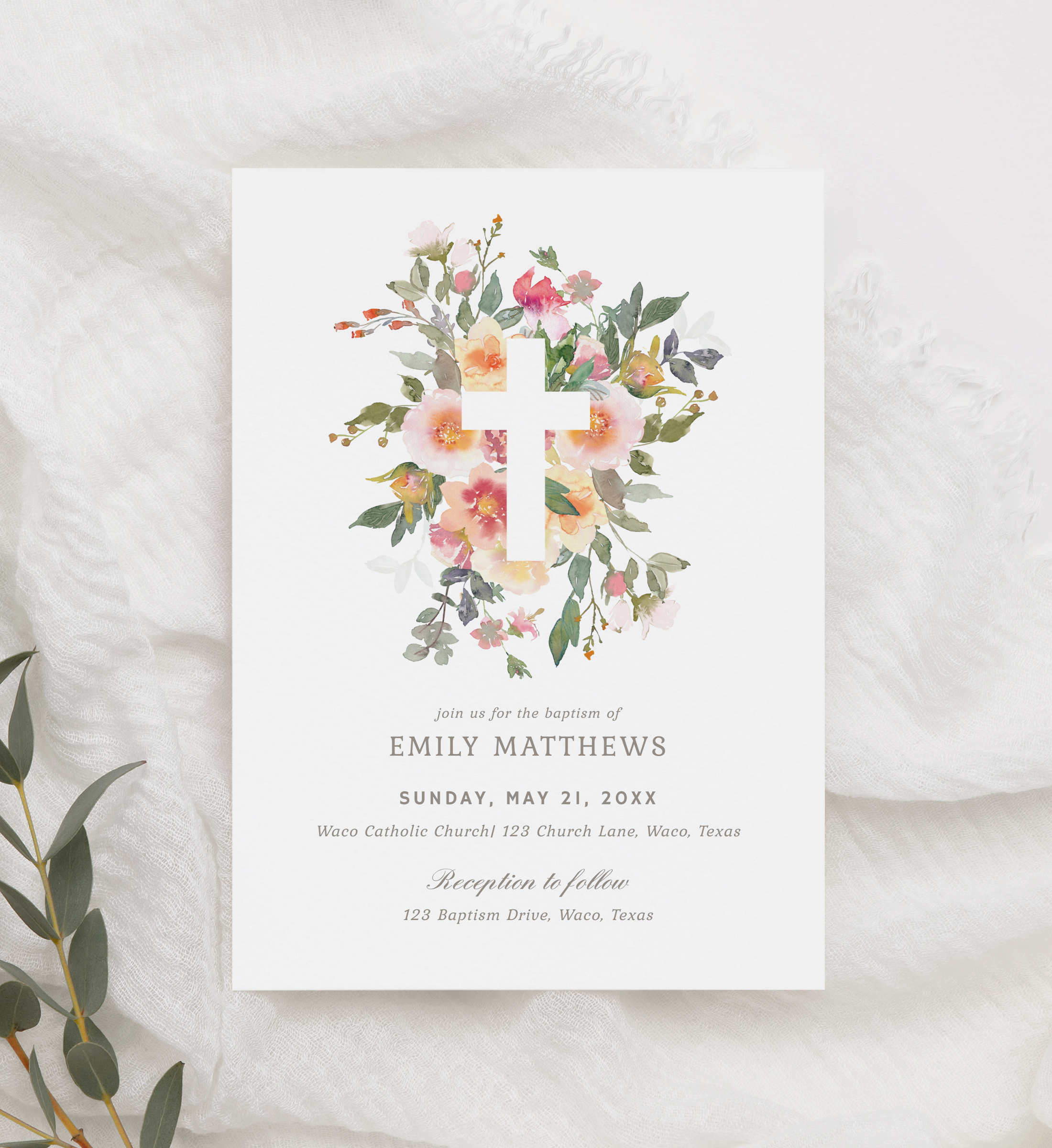 BAP001 - Floral Cross Baptism Invitation design preview