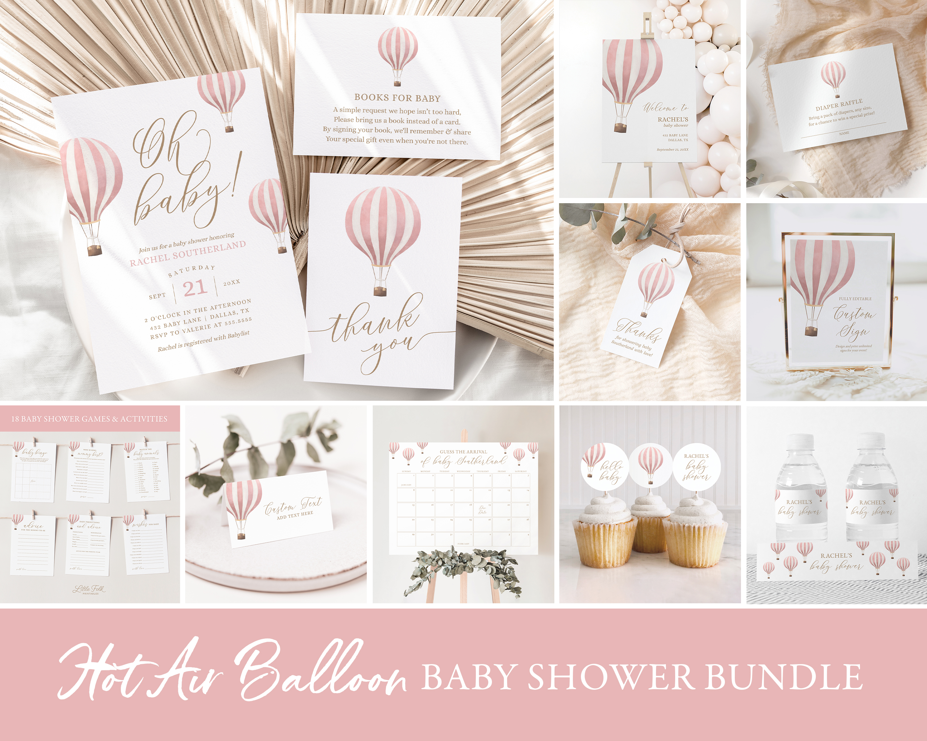 Baby Shower Bundle - Pink Hot Air Balloon - 1018 design preview