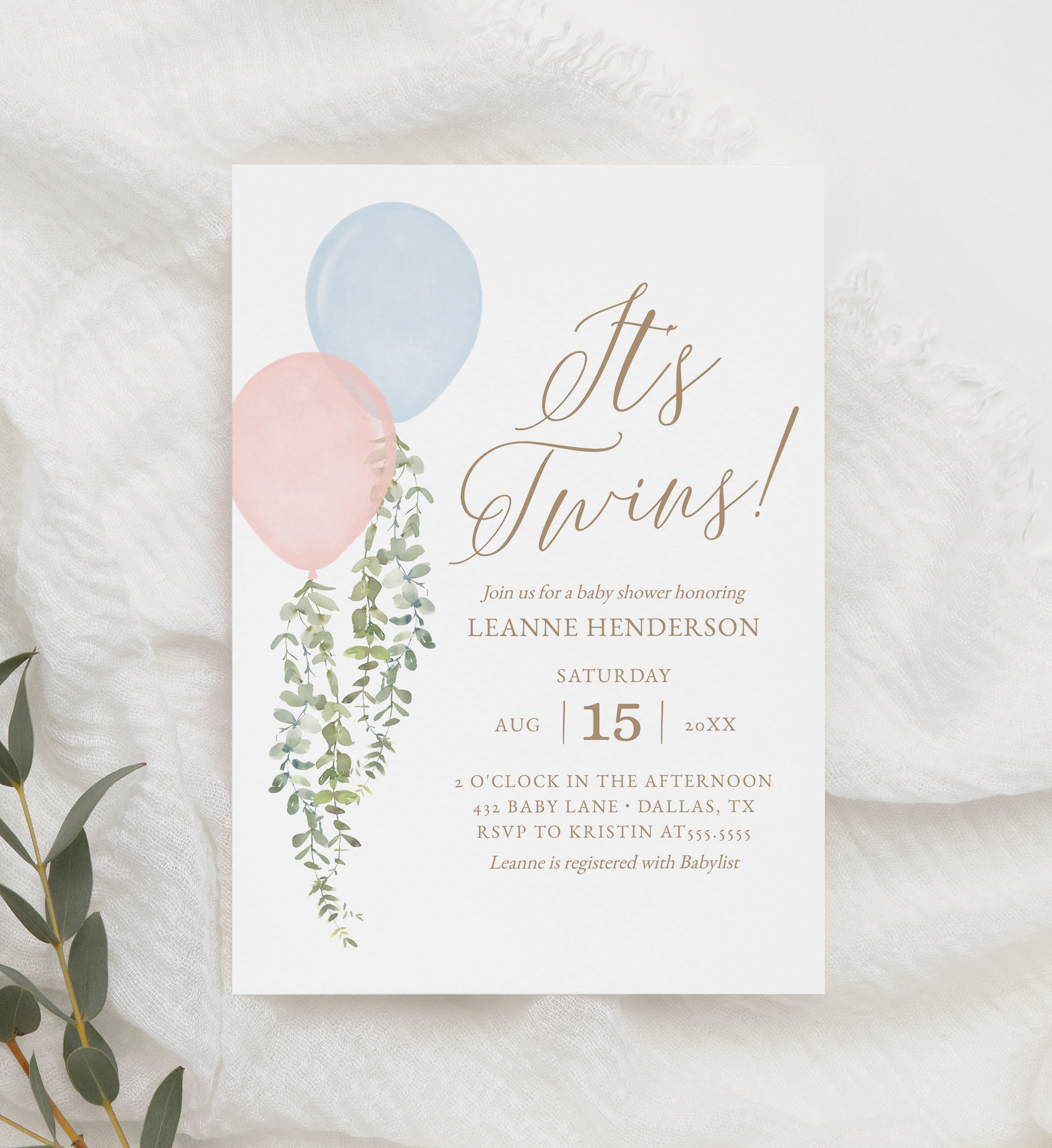 Baby Shower Invitation - Blue & Pink Balloon (Twins) - 1031 design preview