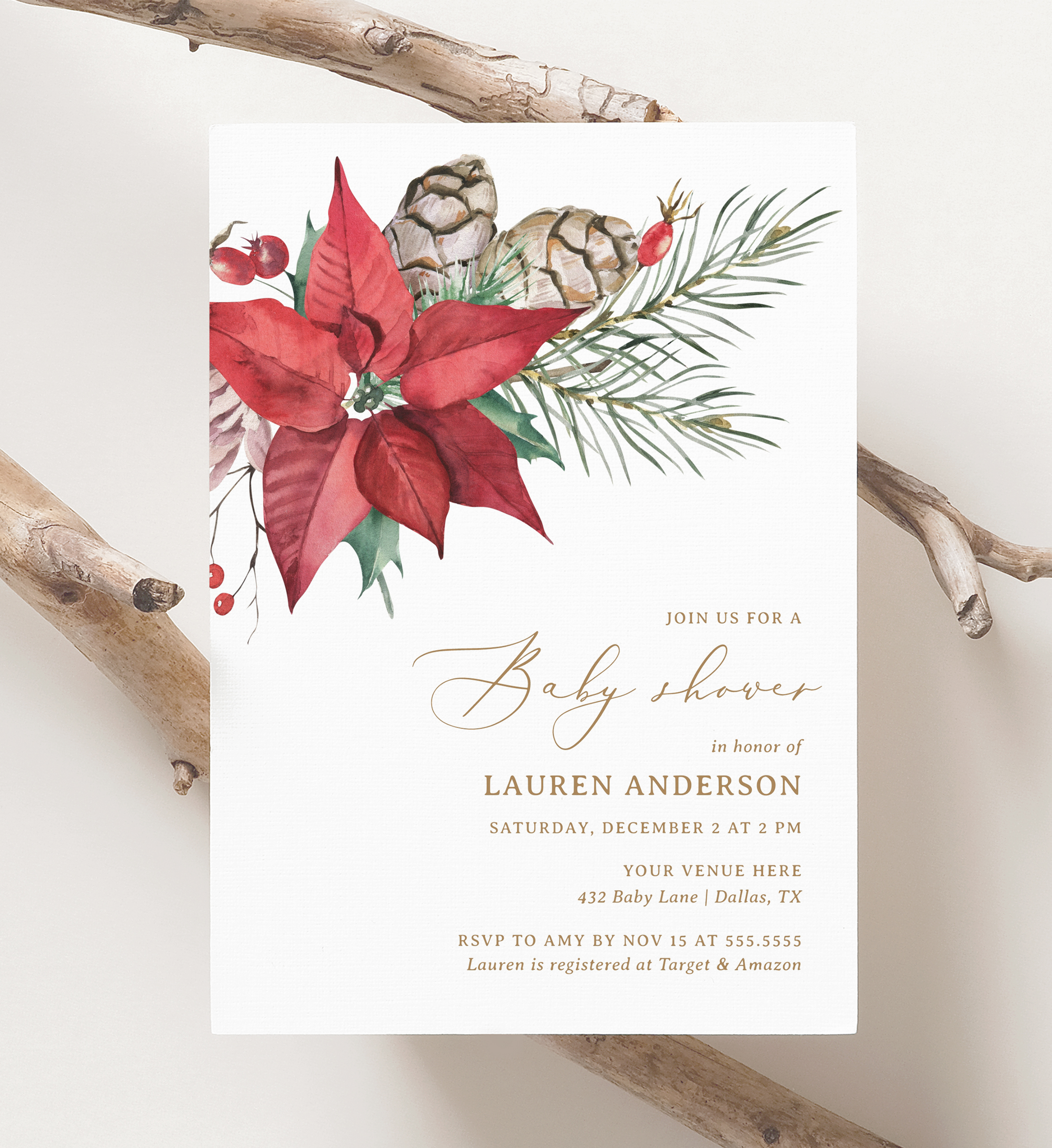 Baby Shower Invitation - Christmas Poinsettia design preview