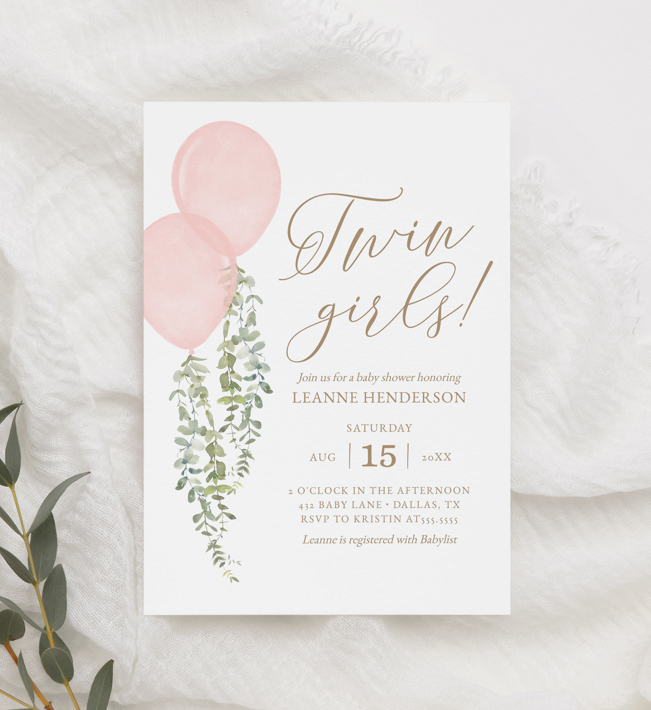 Baby Shower Invitation - Pink Balloon (Twin Girls) - 1011 design preview