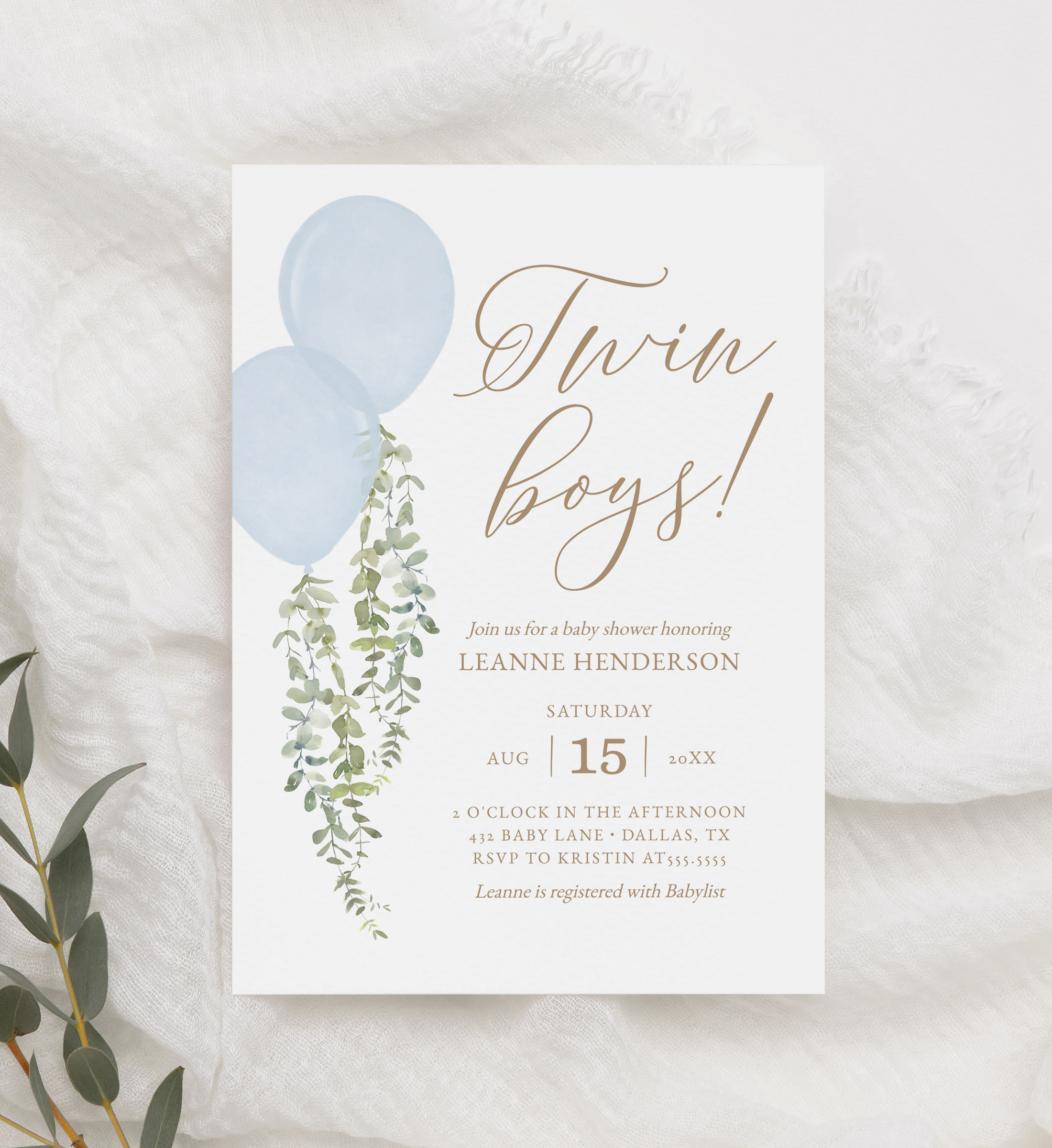 Baby Shower Invitation - Blue Balloon (Twin Boys) - 1005 design preview