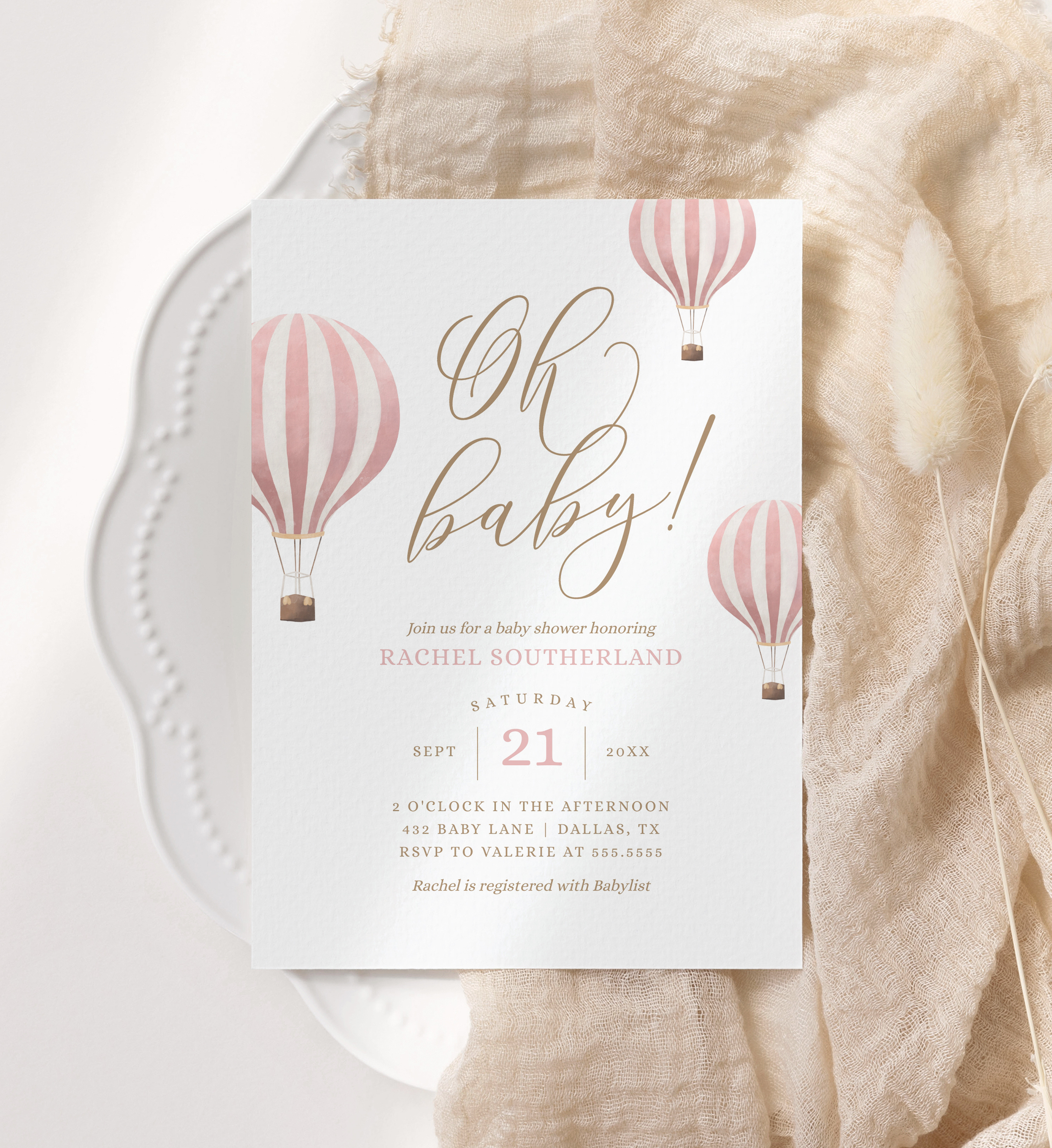 Baby Shower Invitation - Pink Hot Air Balloon v2 - 1018 design preview