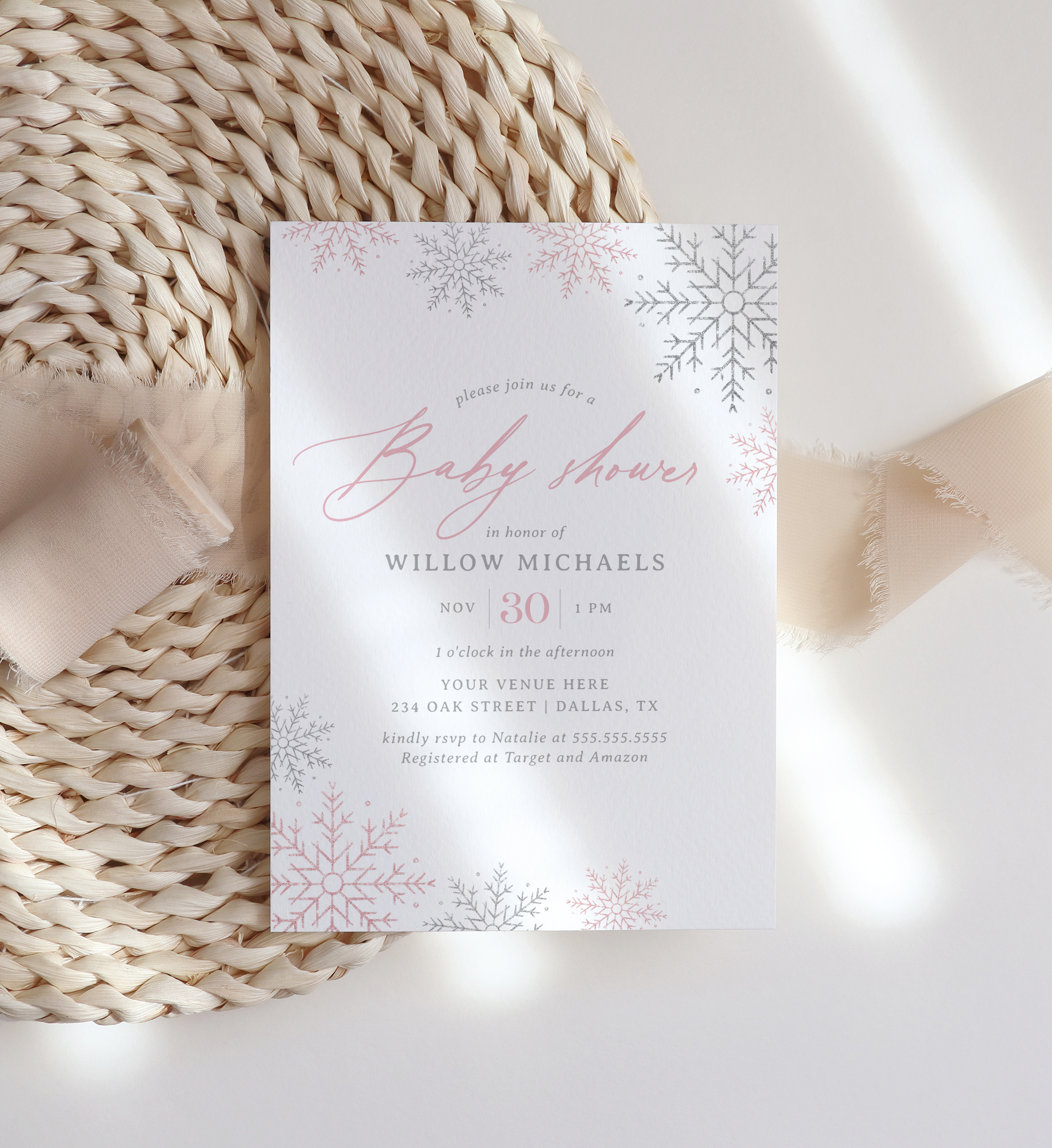 Baby Shower Invitation - Pink Snowflakes - 1059 design preview