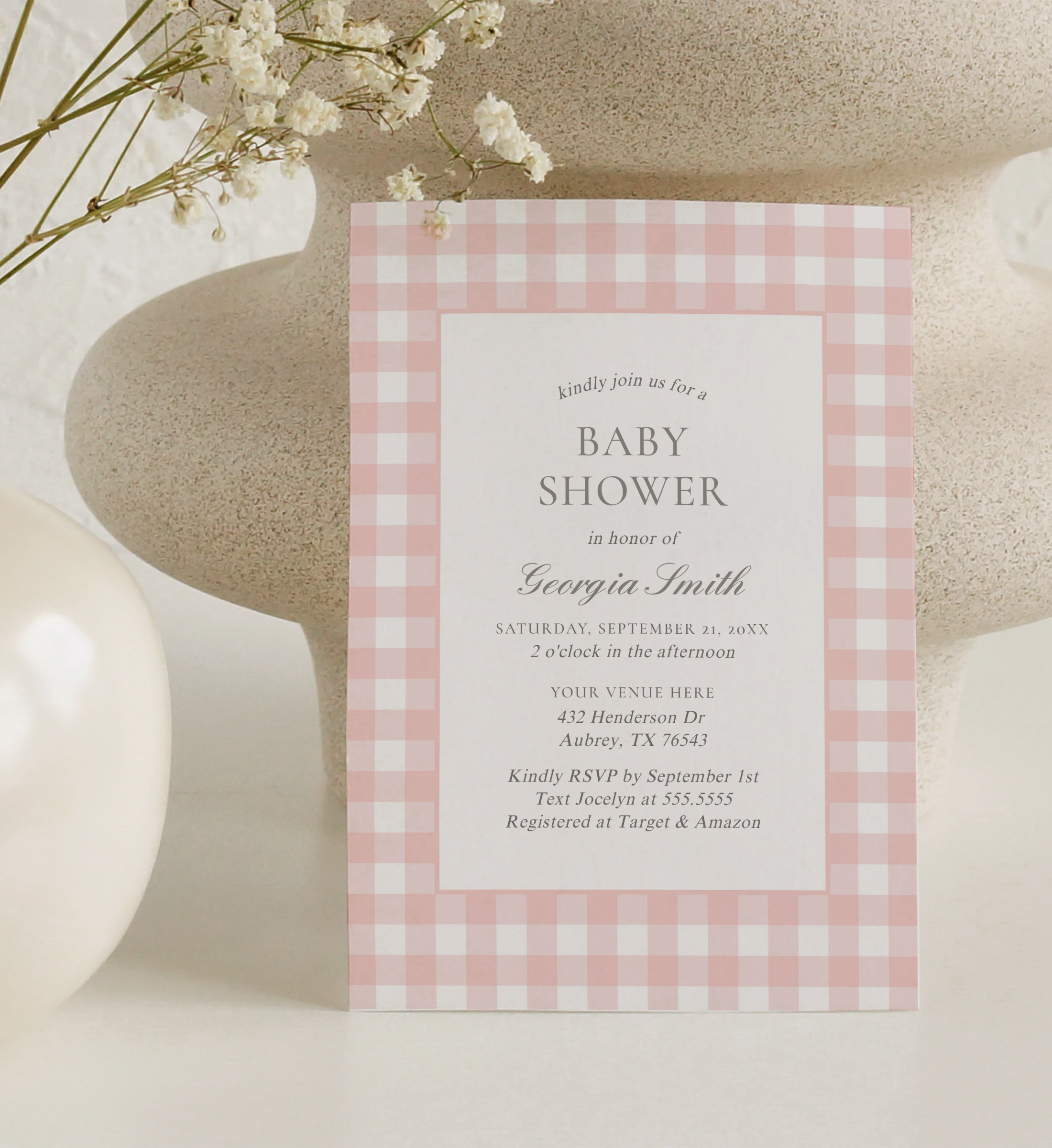 Baby Shower Invitation - Pink Gingham - 1067 design preview