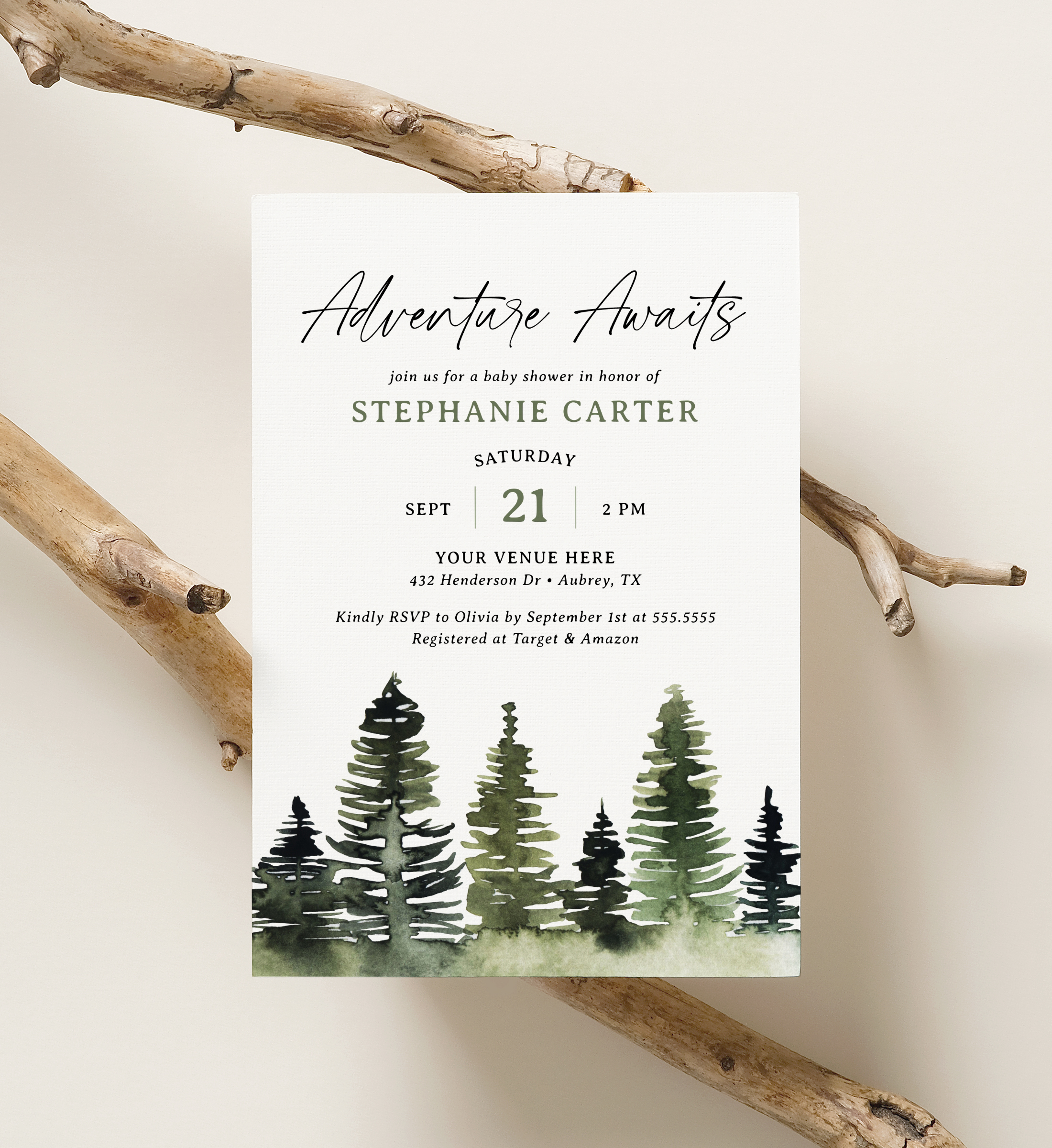 Baby Shower Invitation - Watercolor Pines - 1055 design preview