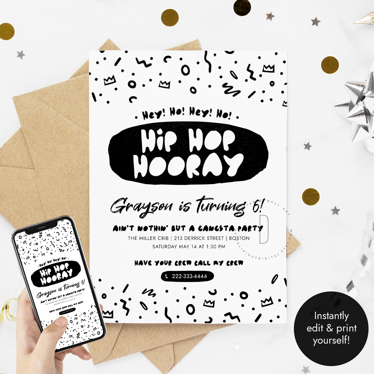 Hip hop hooray 6th birthday party invitation design preview