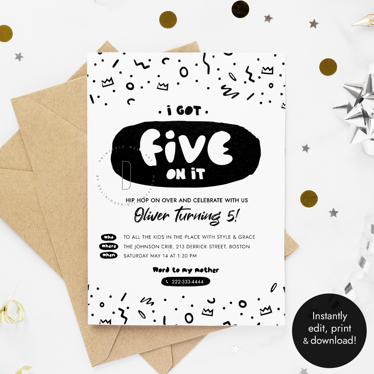 I got five on it 5th birthday party invitation design preview