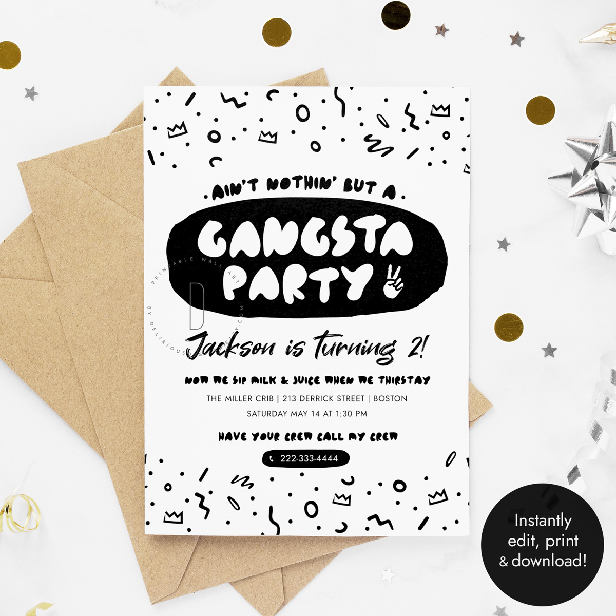 Gangsta party 2nd birthday invitation design preview