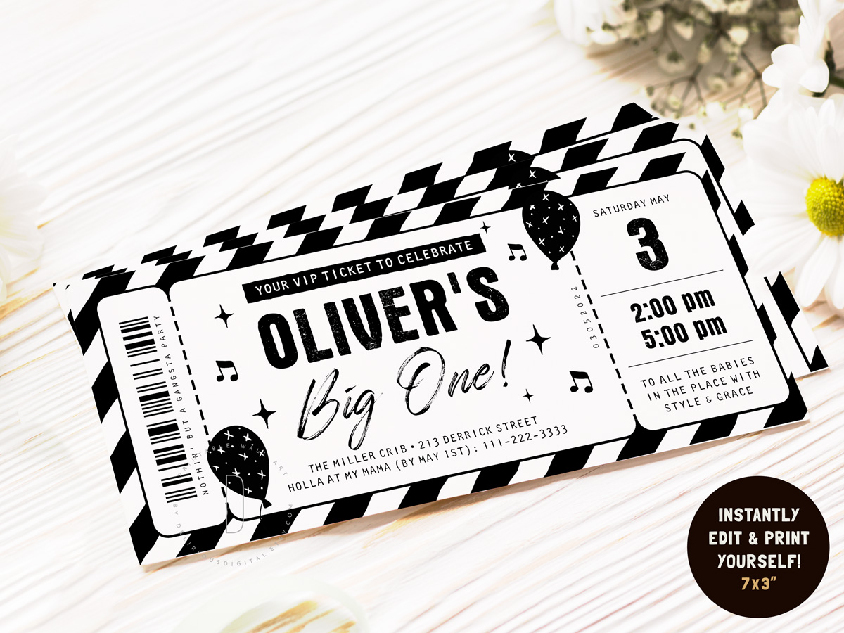 The Big One birthday invitation ticket design preview