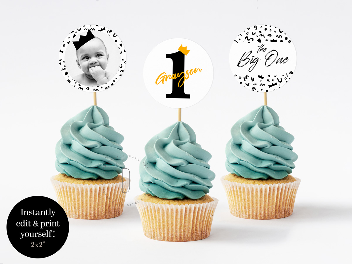 The Big One cupcake toppers | Set of 3 | 2x2" design preview