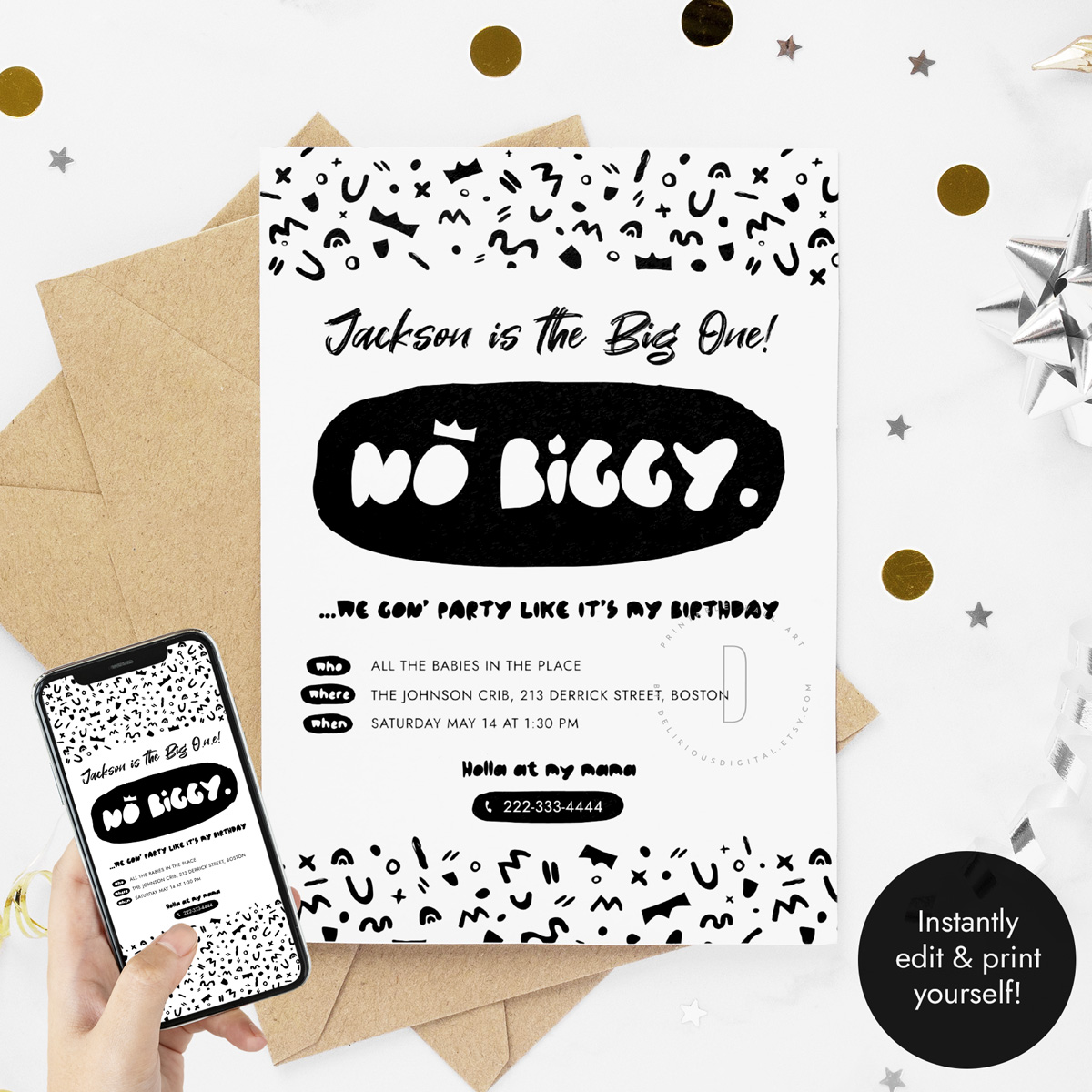 No Biggy 1st Birthday Party Invite design preview