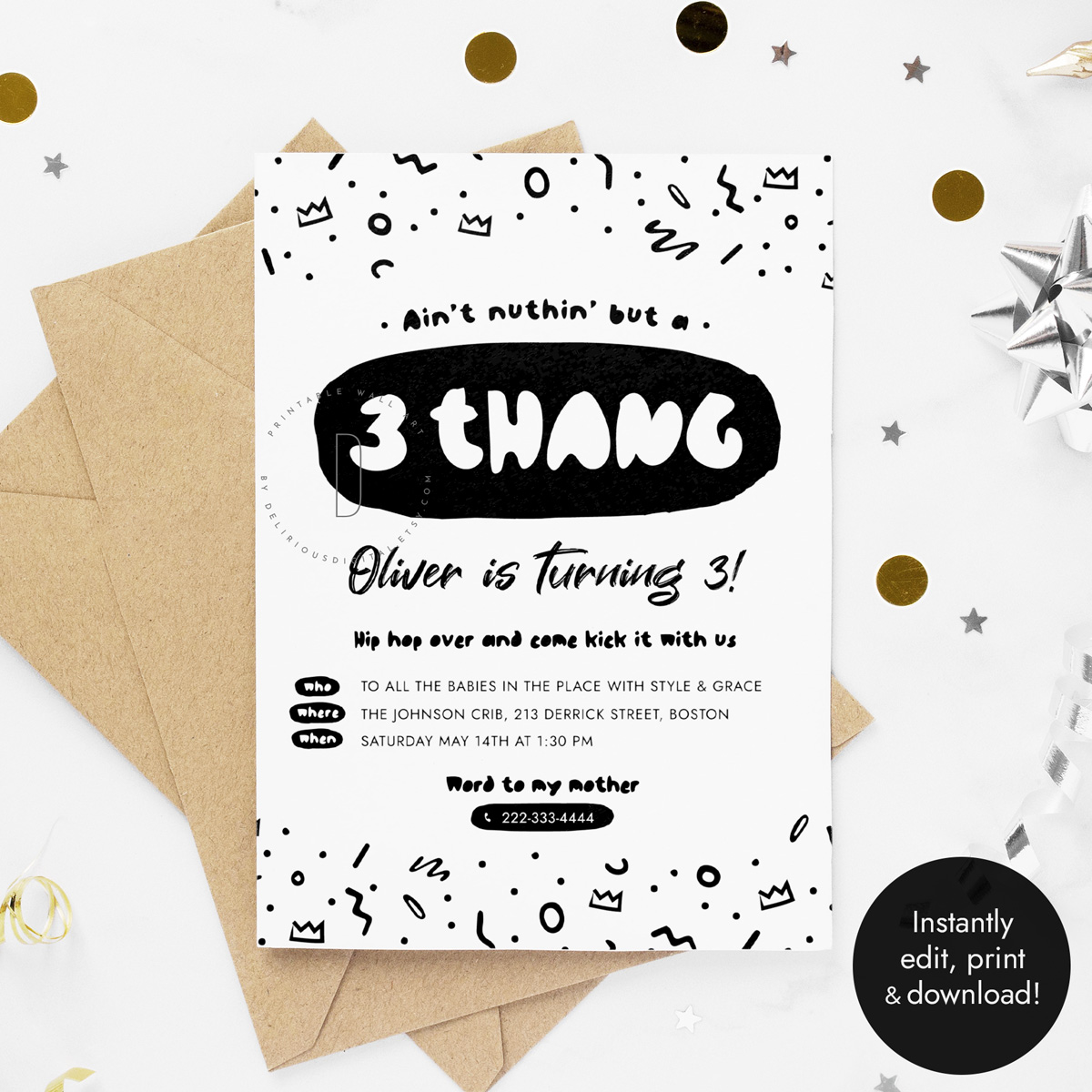 Ain't nuthin but a 3 thang birthday party invitation design preview