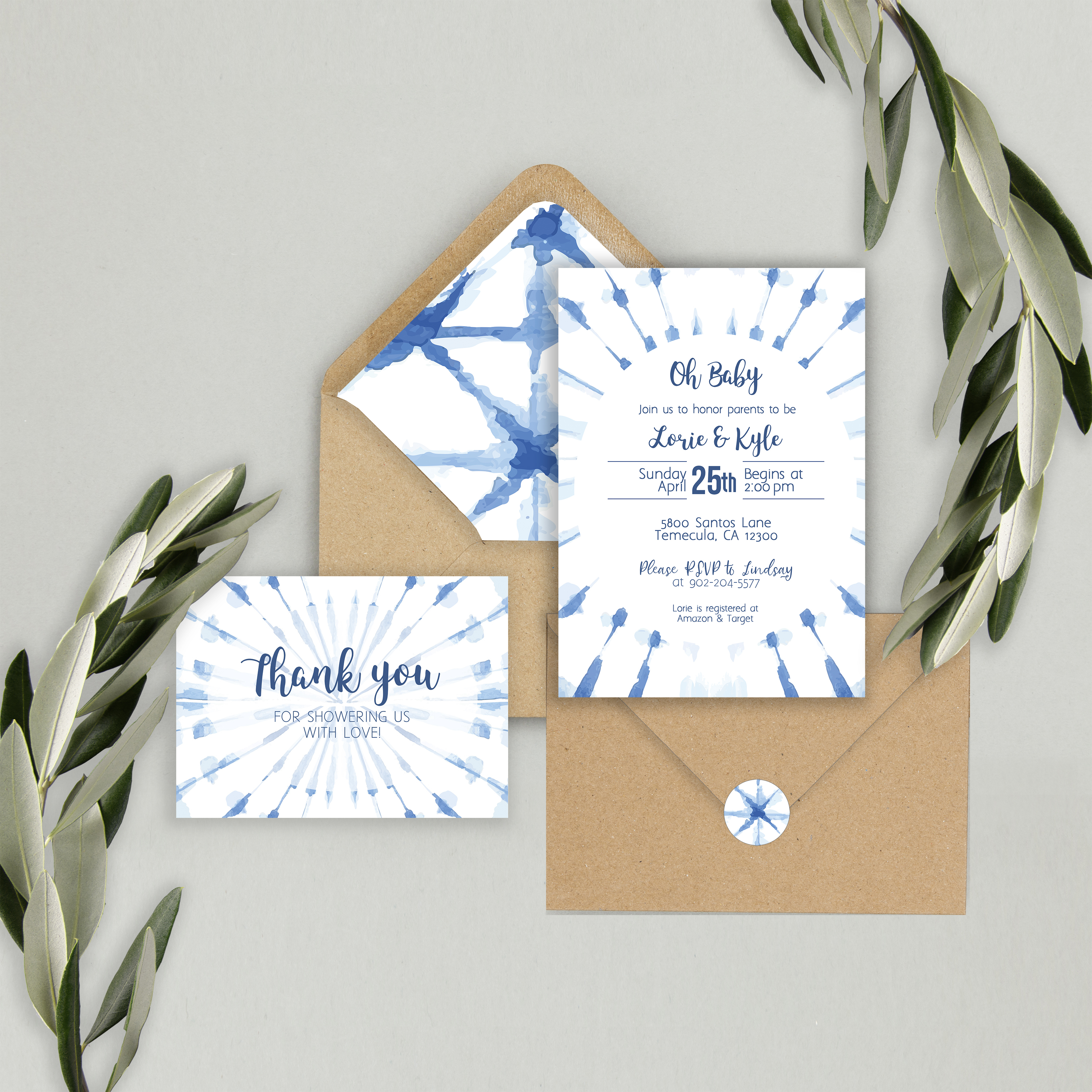 Shibori Tie Dye Baby Shower Invitation SUITE design preview