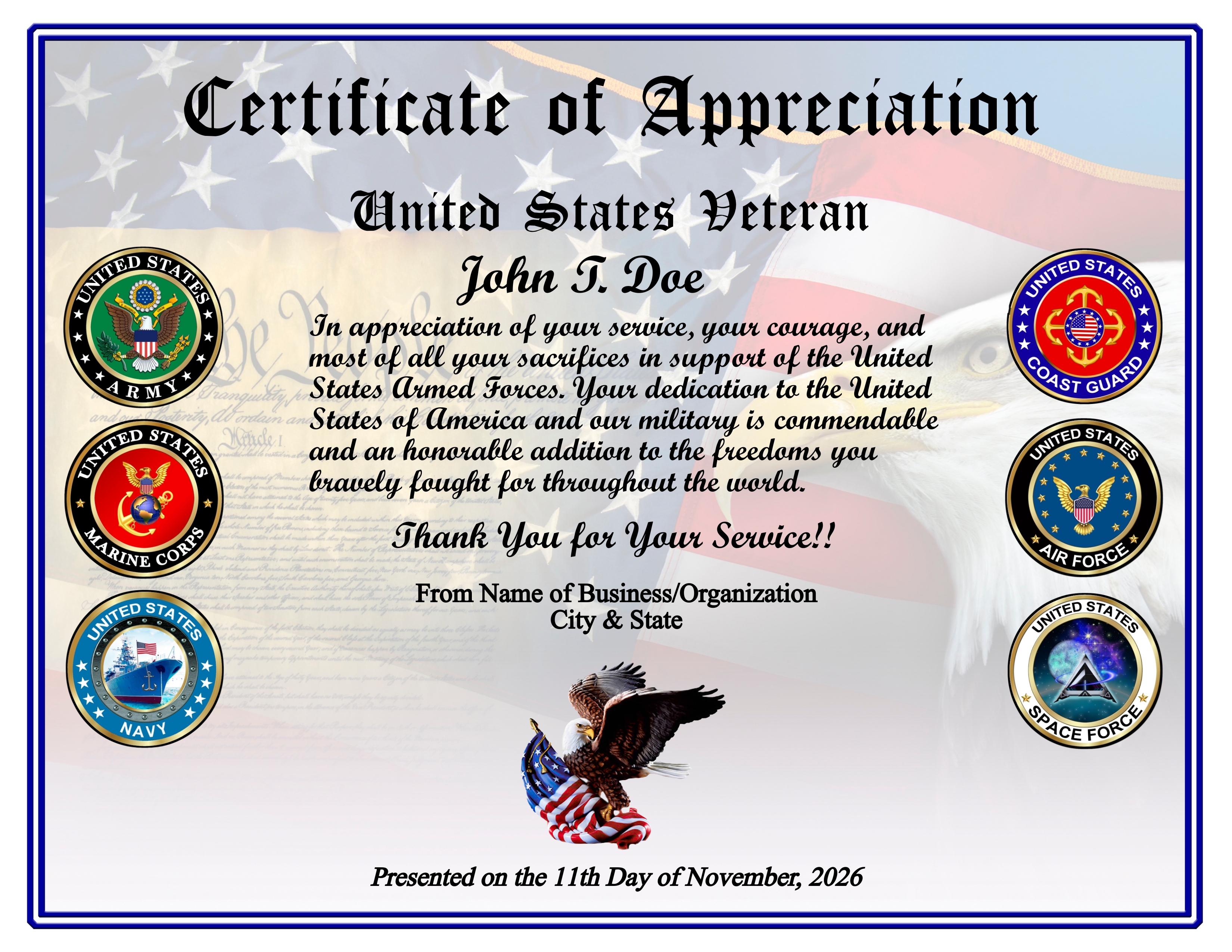 D42 BUSINESS ALL SERVICES VETERAN APPRECIATION CERTIFICATE design preview