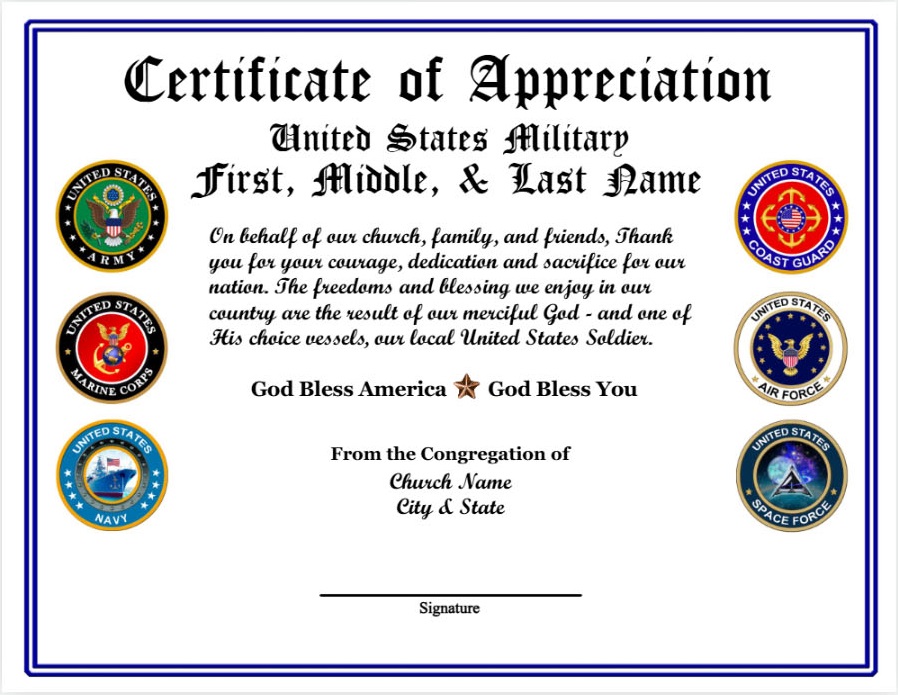 MINISTRY US MILITARY ALL SERVICES APPRECIATION CERTIFICATE design preview