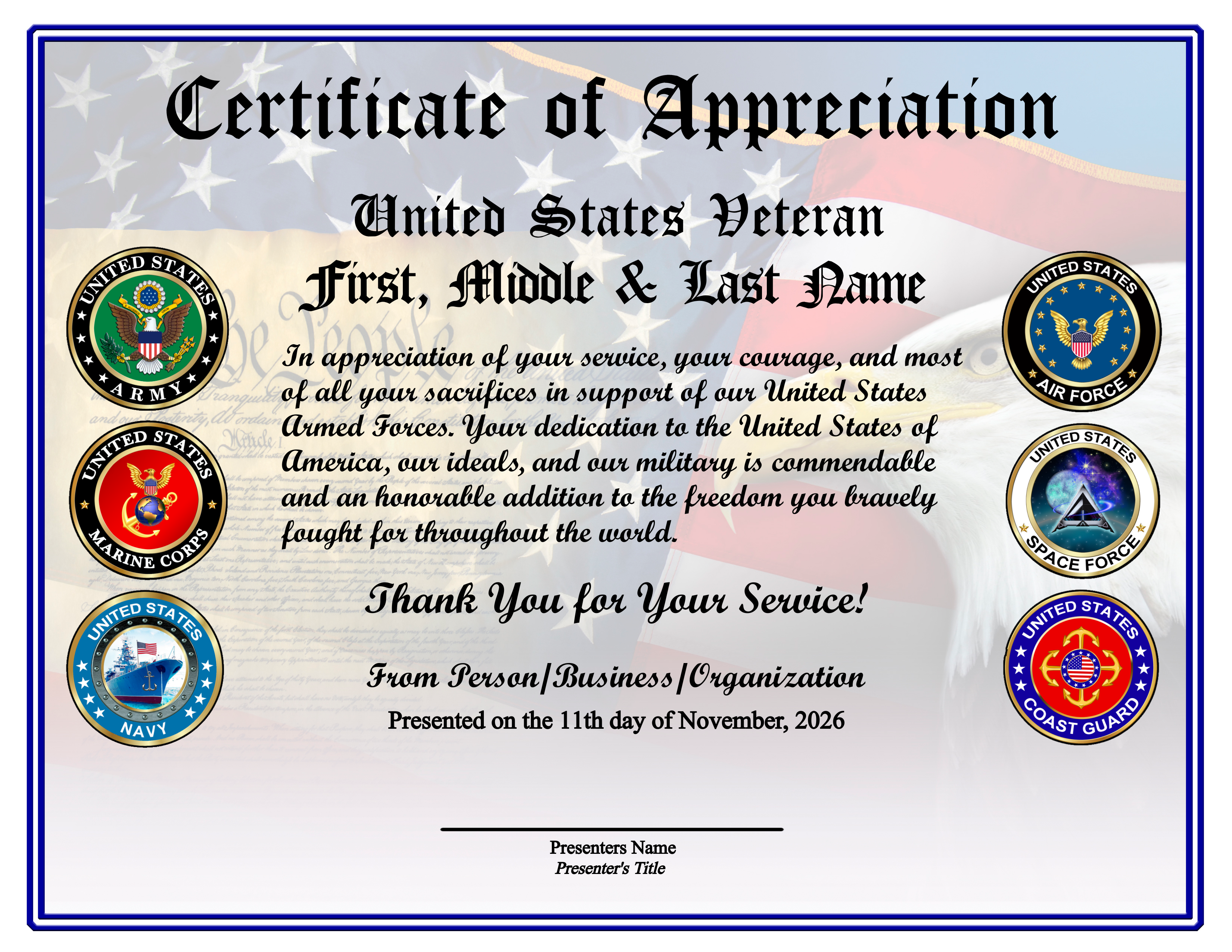 D15 BUSINESS US VETERAN ALL SERVICES APPRECIATION CERTIFICATE design preview